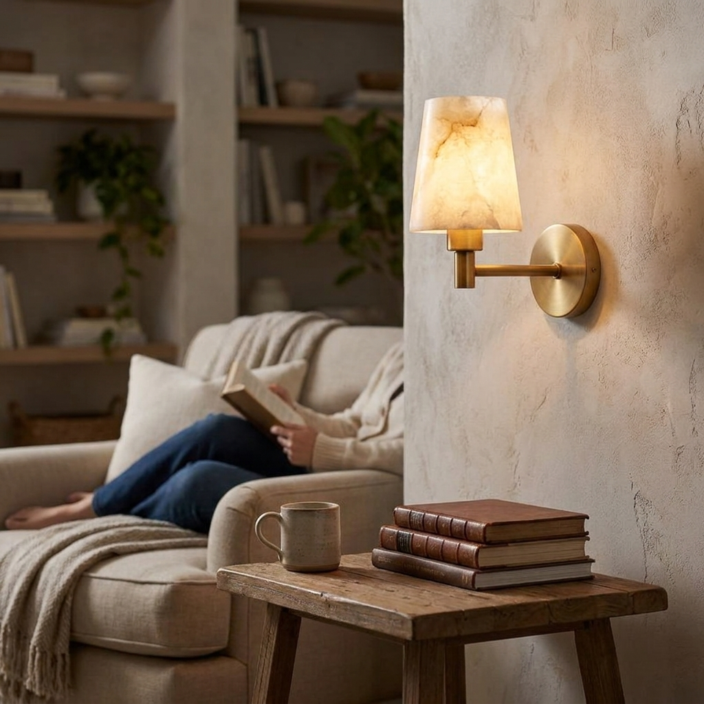 Rhodes Alabaster Short Wall Sconce in a styled interior setting