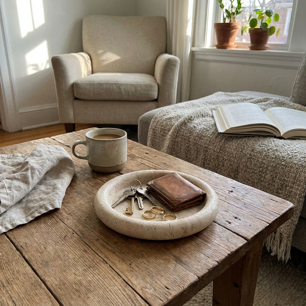 Meraki Round Tray in a styled interior setting
