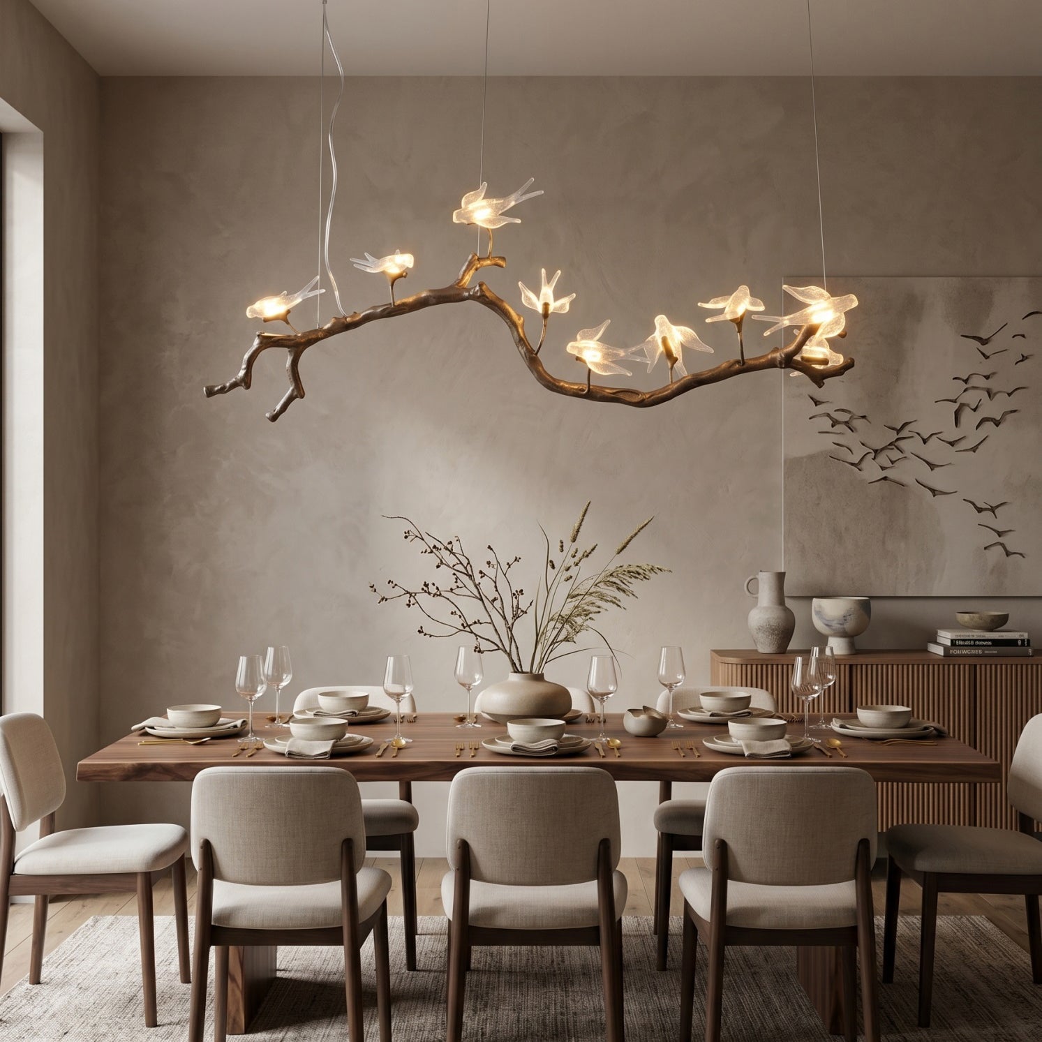 Glass Bird Branch Linear Chandelier