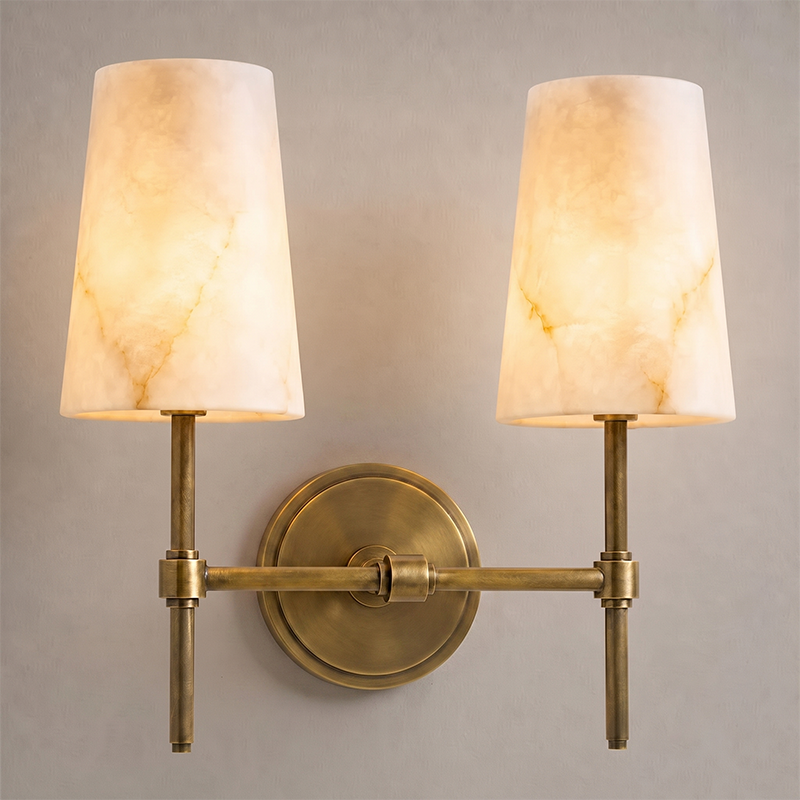 Tall Brass & Alabaster Column Wall Sconce