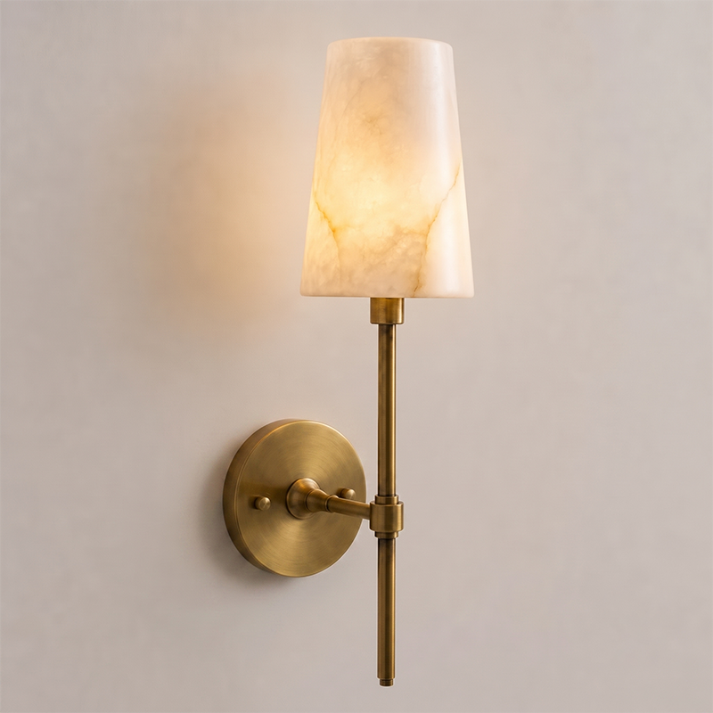 Tall Brass & Alabaster Column Wall Sconce