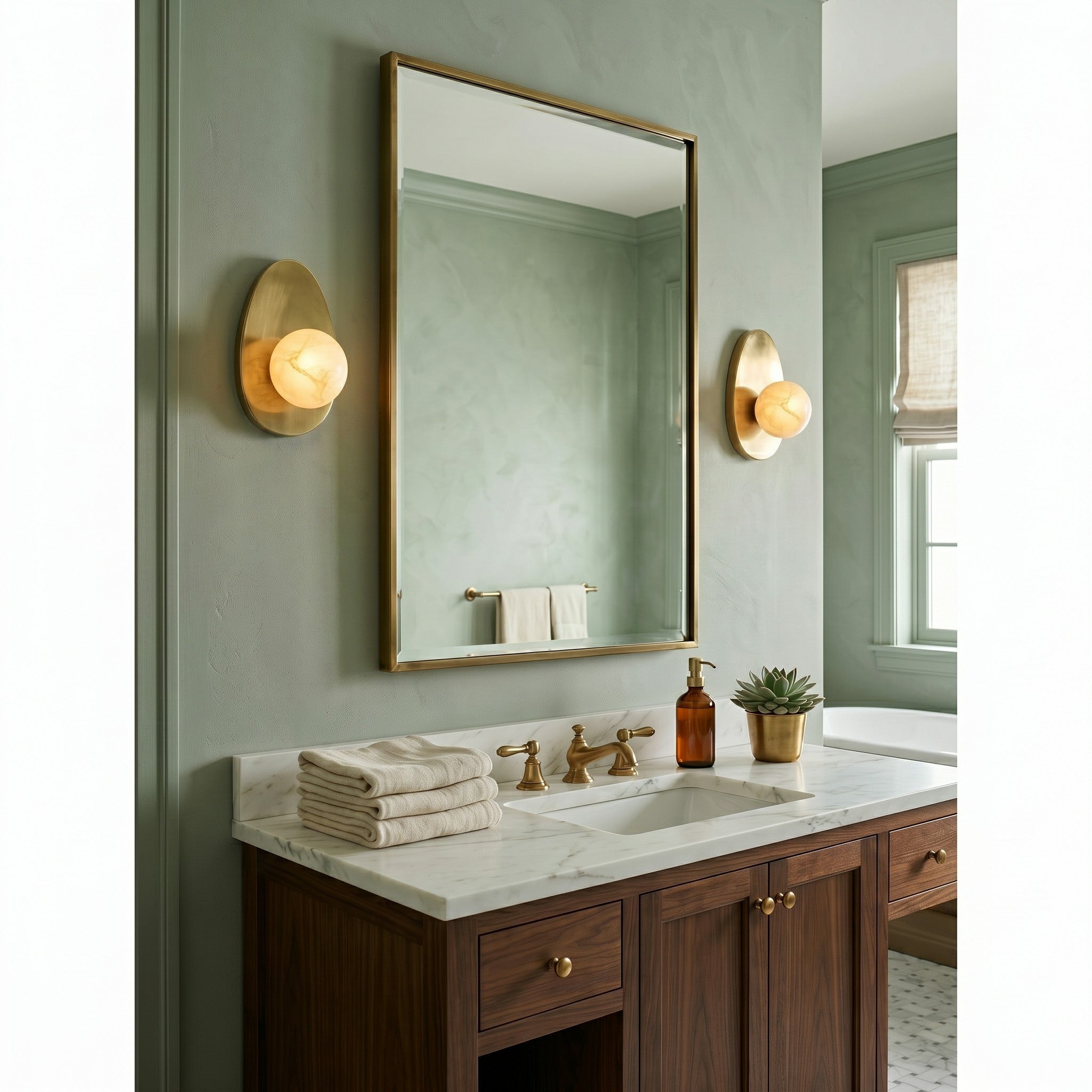 Round Alabaster Shade Brass Sconce