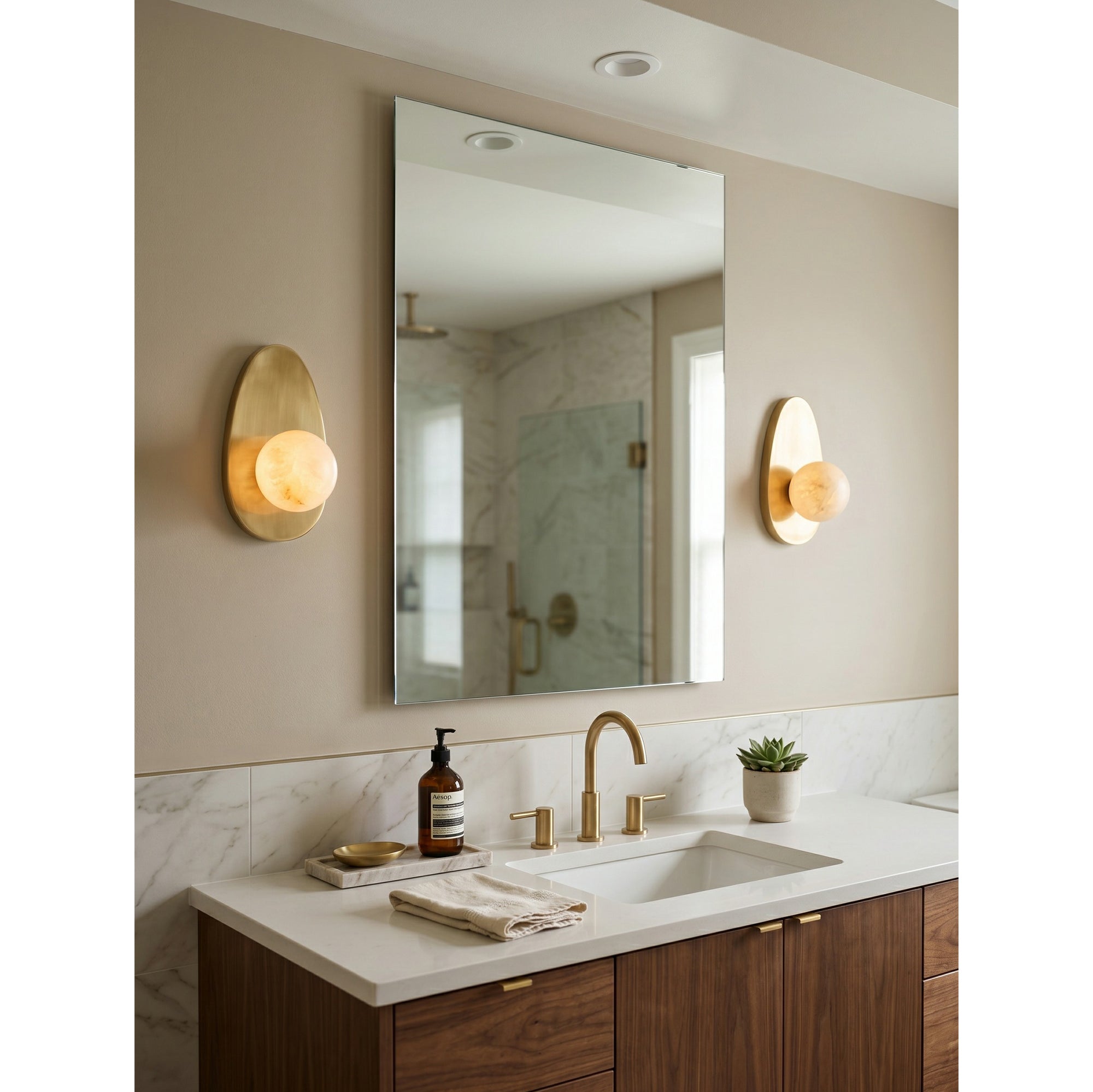 Round Alabaster Shade Brass Sconce