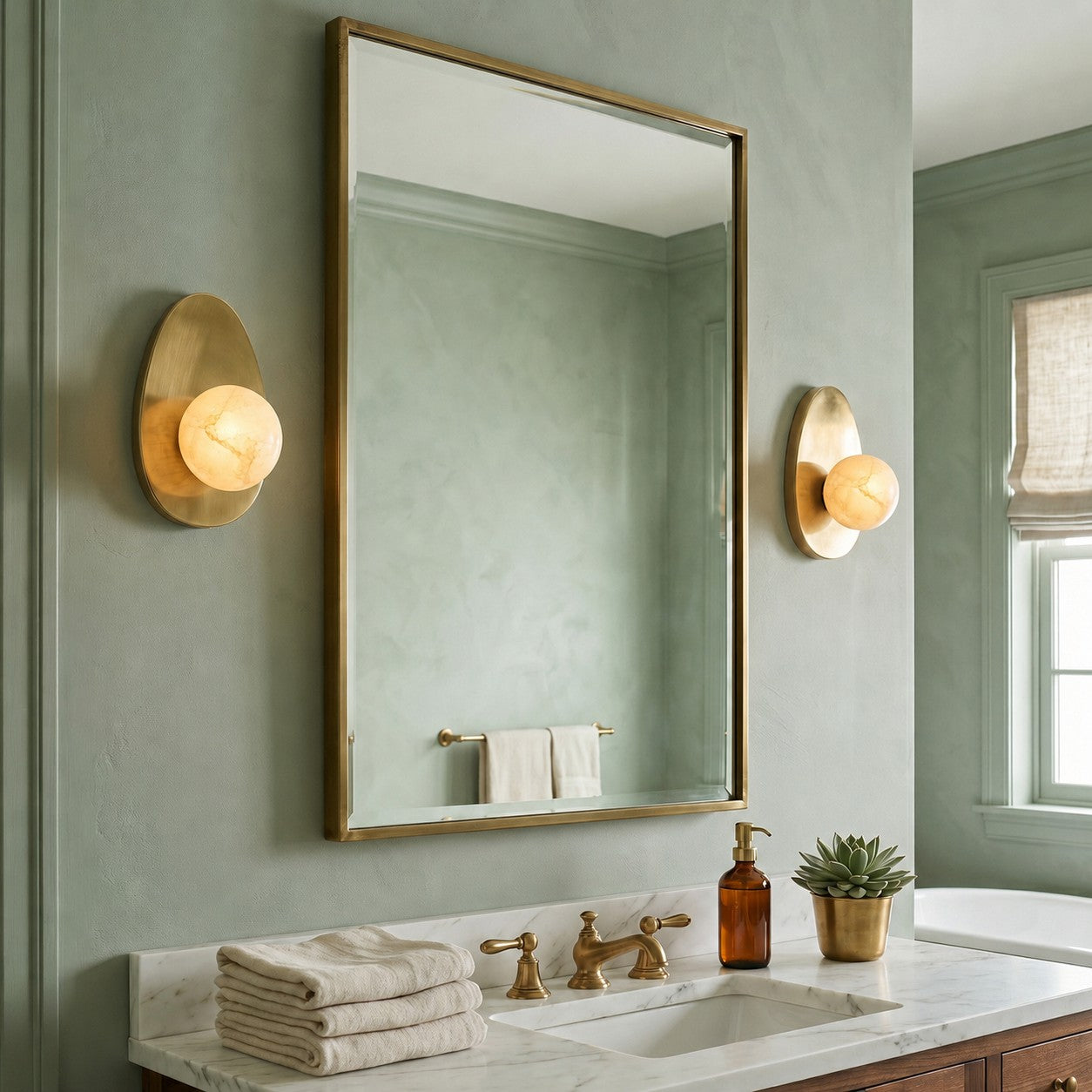Round Alabaster Shade Brass Sconce
