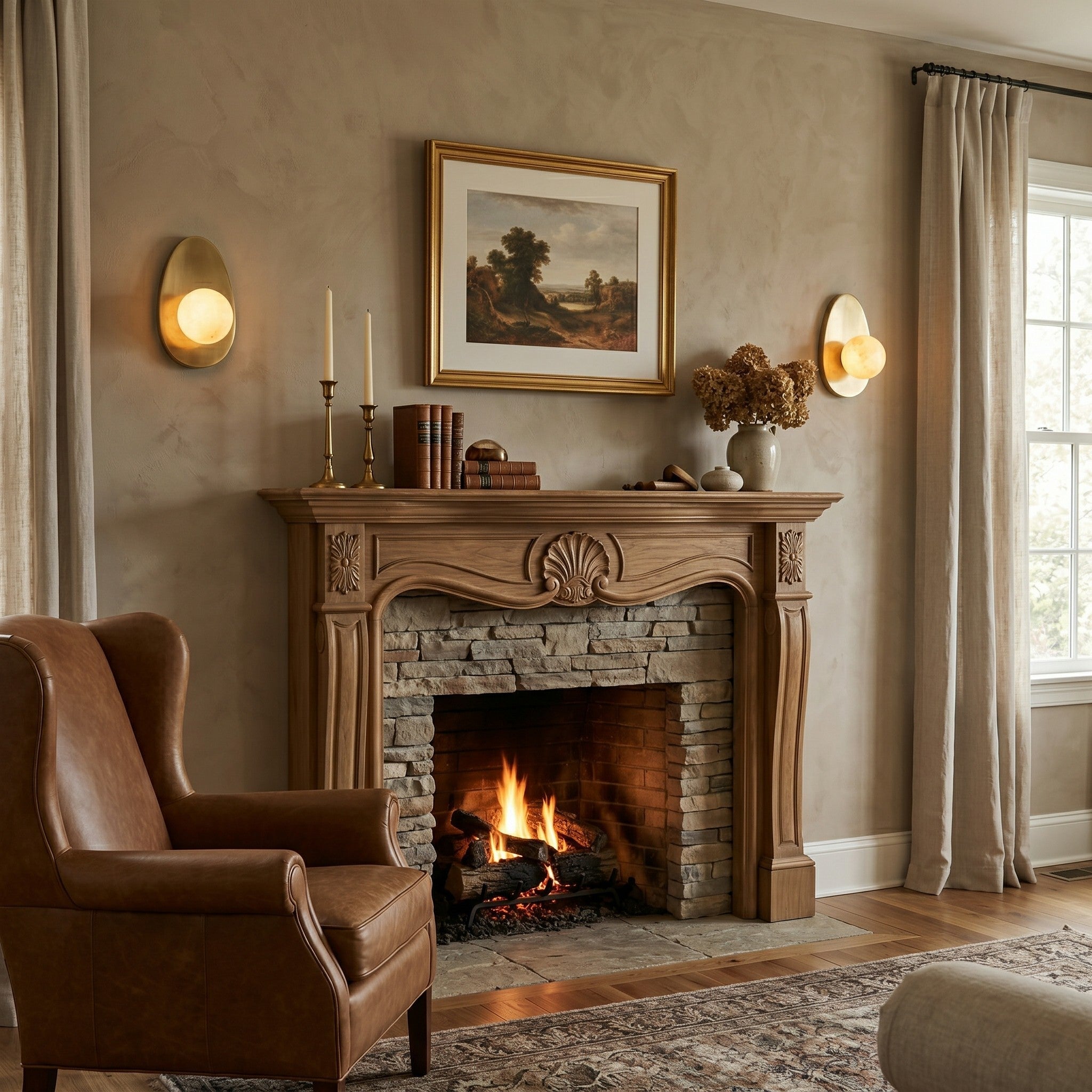 Round Alabaster Shade Brass Sconce