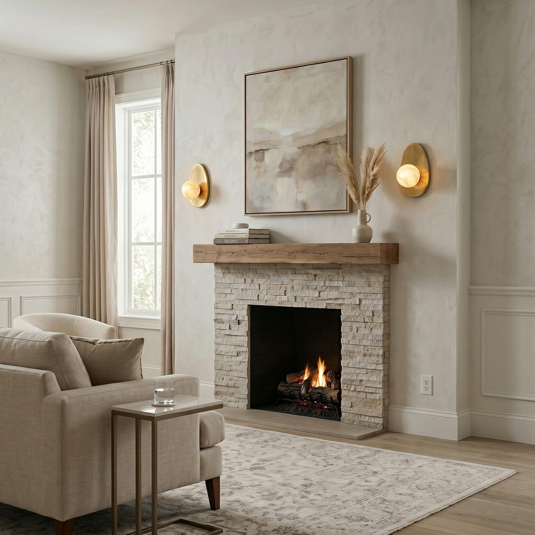 Round Alabaster Shade Brass Sconce