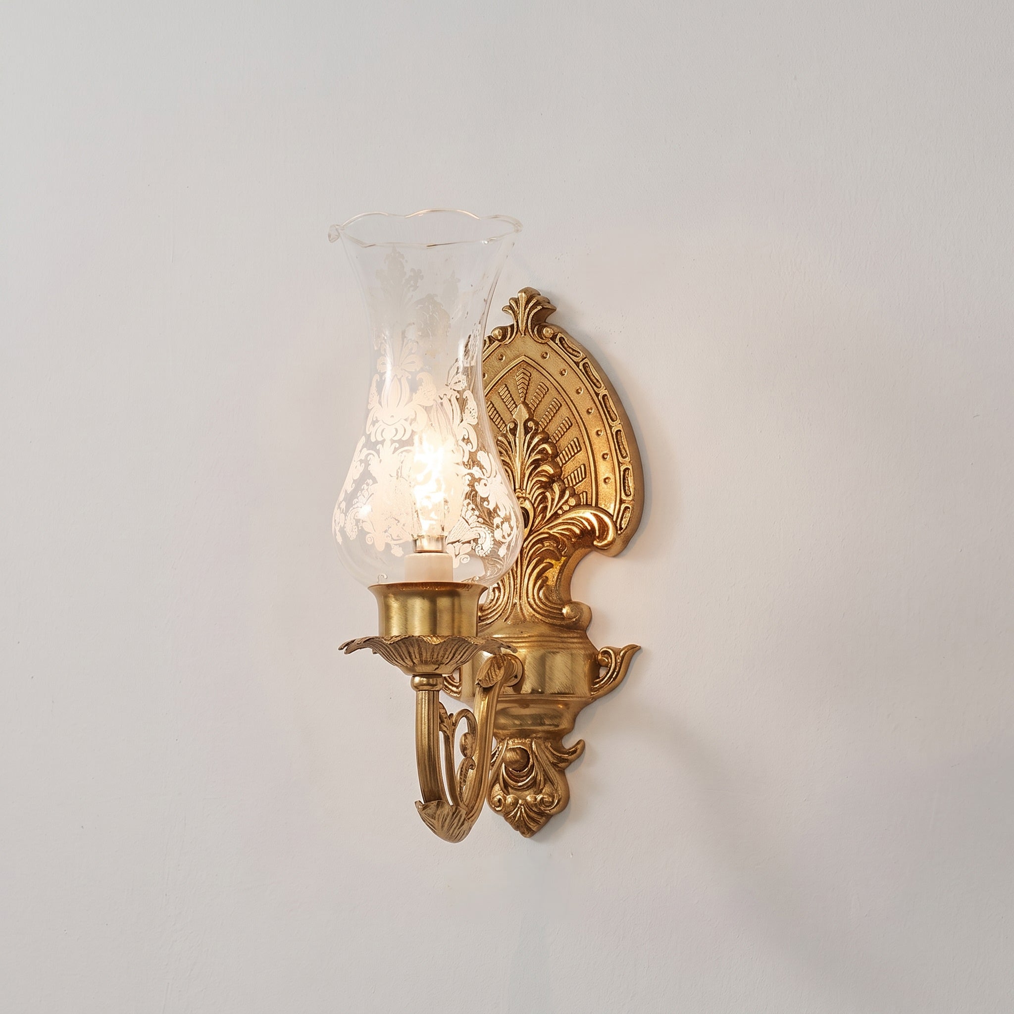 Acanthus Brass Hurricane Glass Sconce