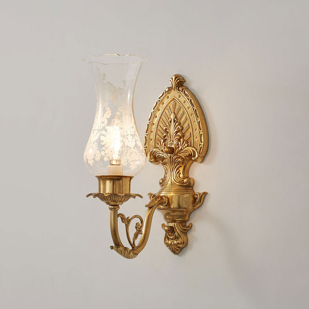 Acanthus Brass Hurricane Glass Sconce