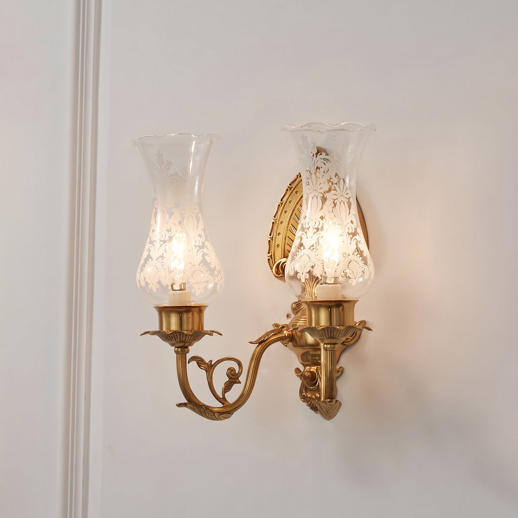 Acanthus Brass Hurricane Glass Sconce