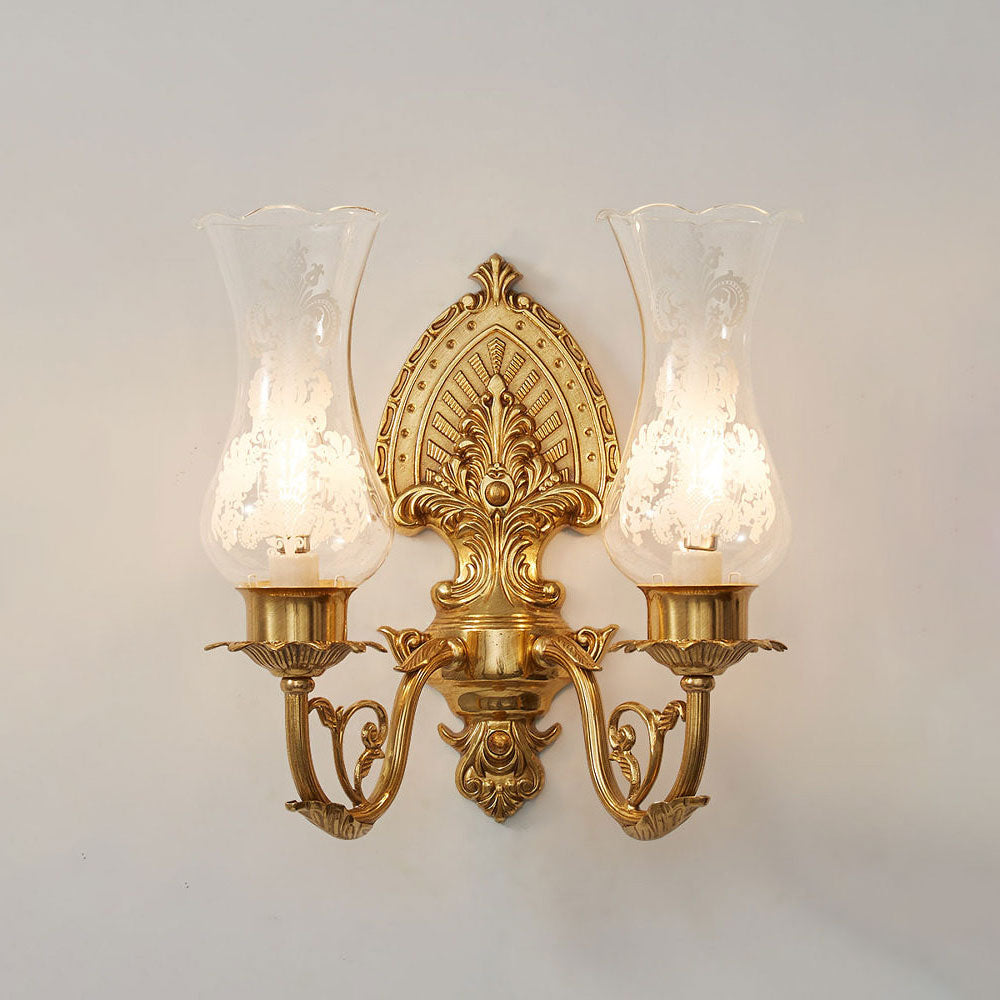 Acanthus Brass Hurricane Glass Sconce