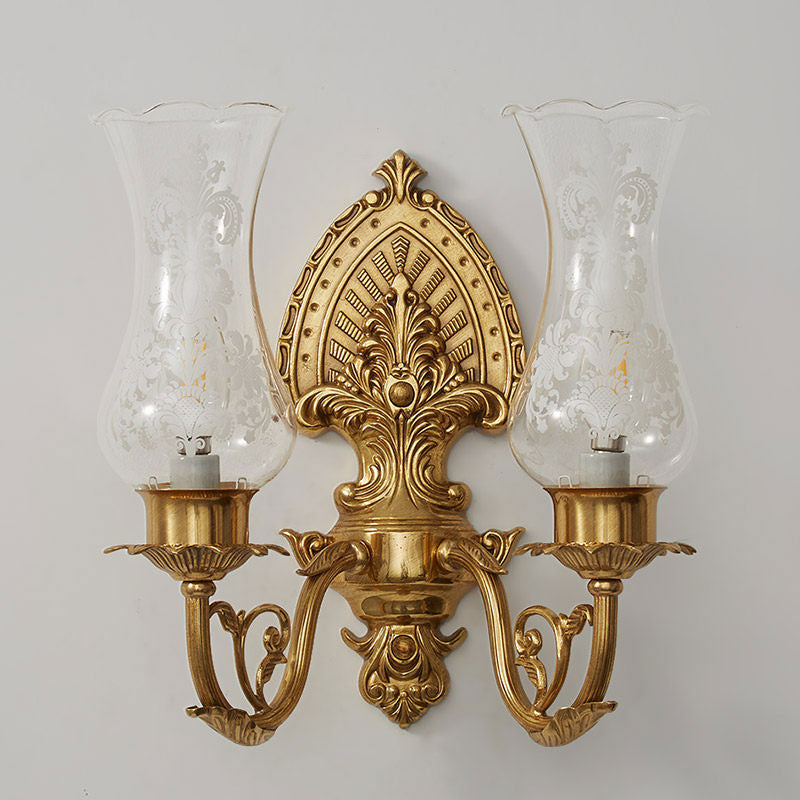 Acanthus Brass Hurricane Glass Sconce