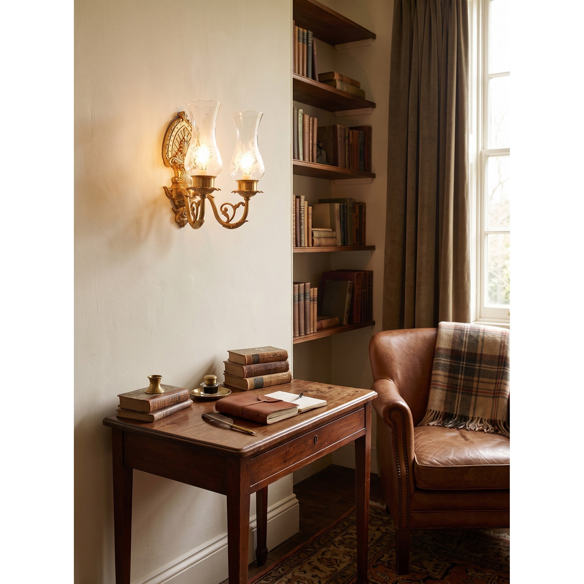 Acanthus Brass Hurricane Glass Sconce