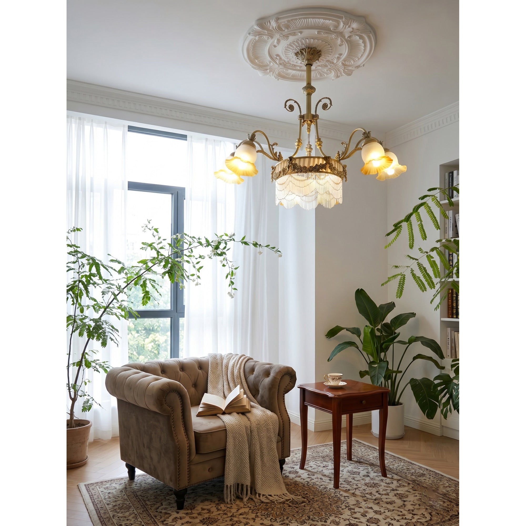 Fringed Drum & Floral Glass Chandelier