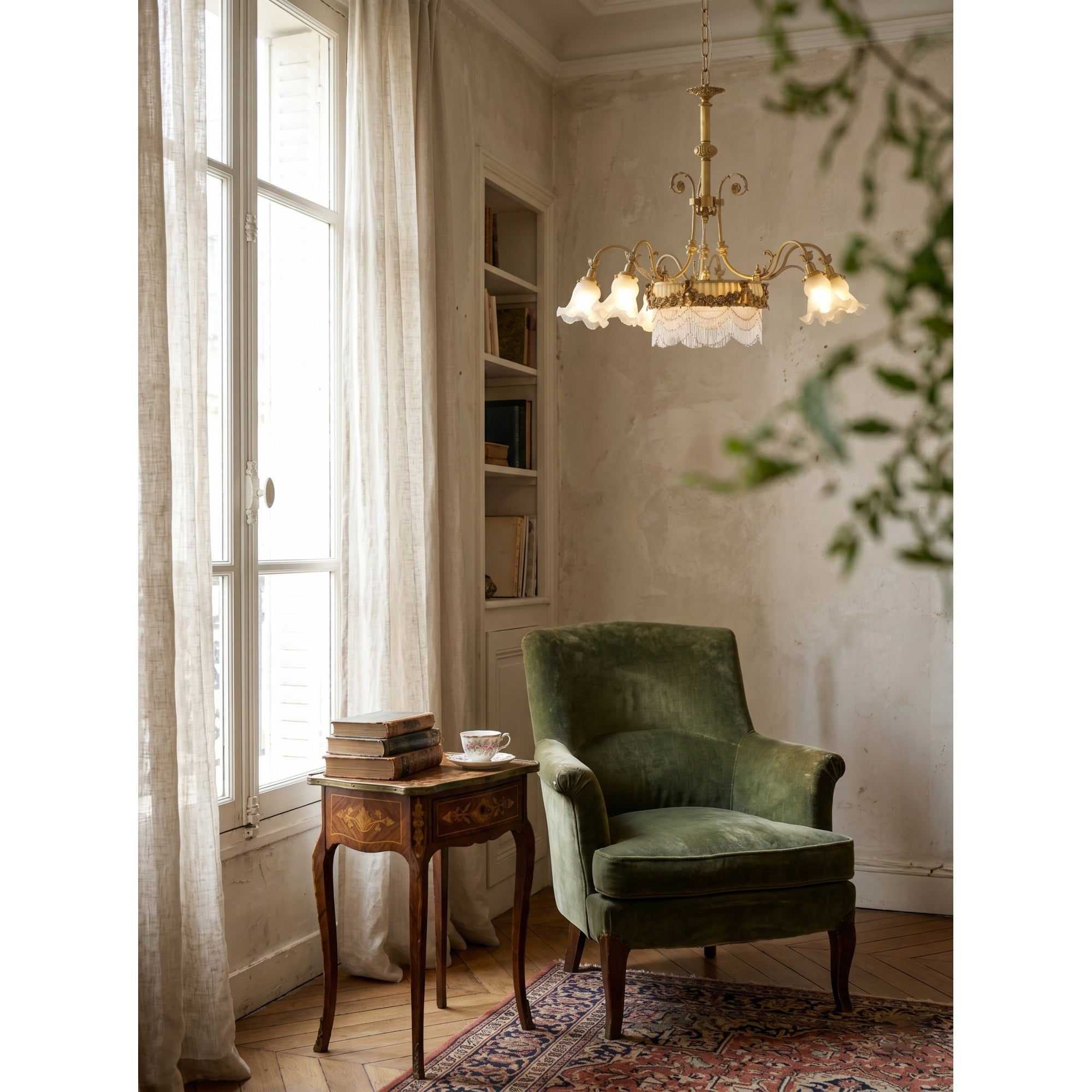 Fringed Drum & Floral Glass Chandelier