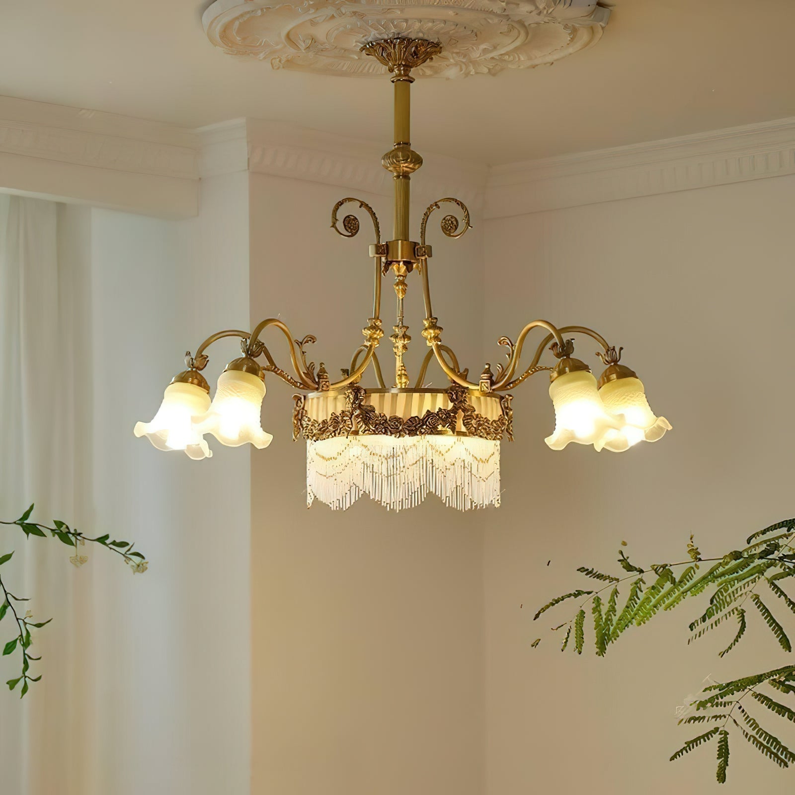 Fringed Drum & Floral Glass Chandelier