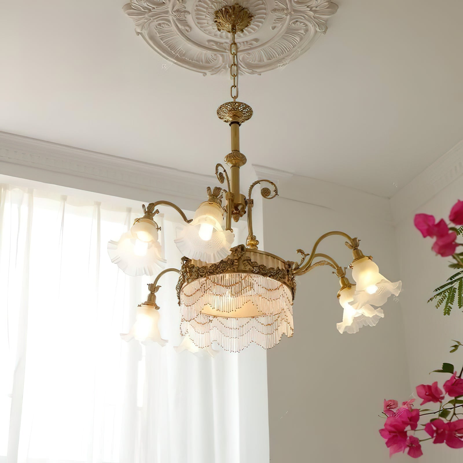 Fringed Drum & Floral Glass Chandelier