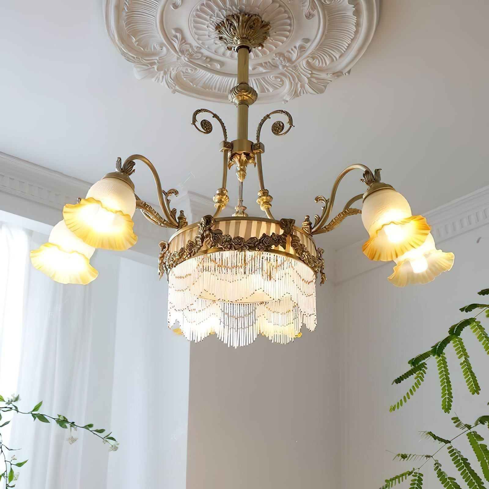 Fringed Drum & Floral Glass Chandelier
