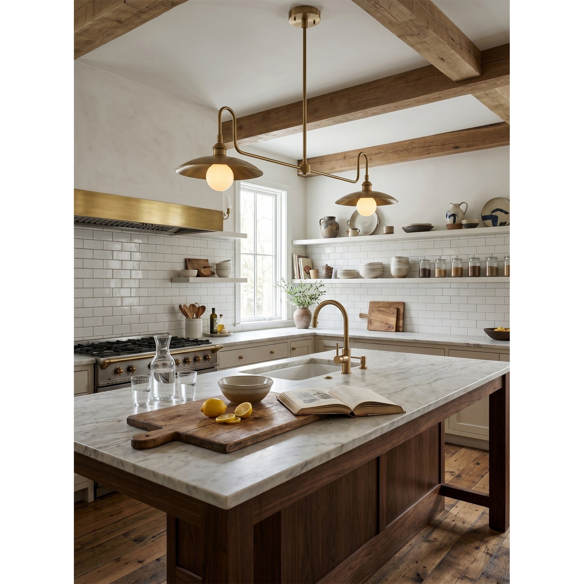 2-Light Brass Gooseneck Linear Island Chandelier