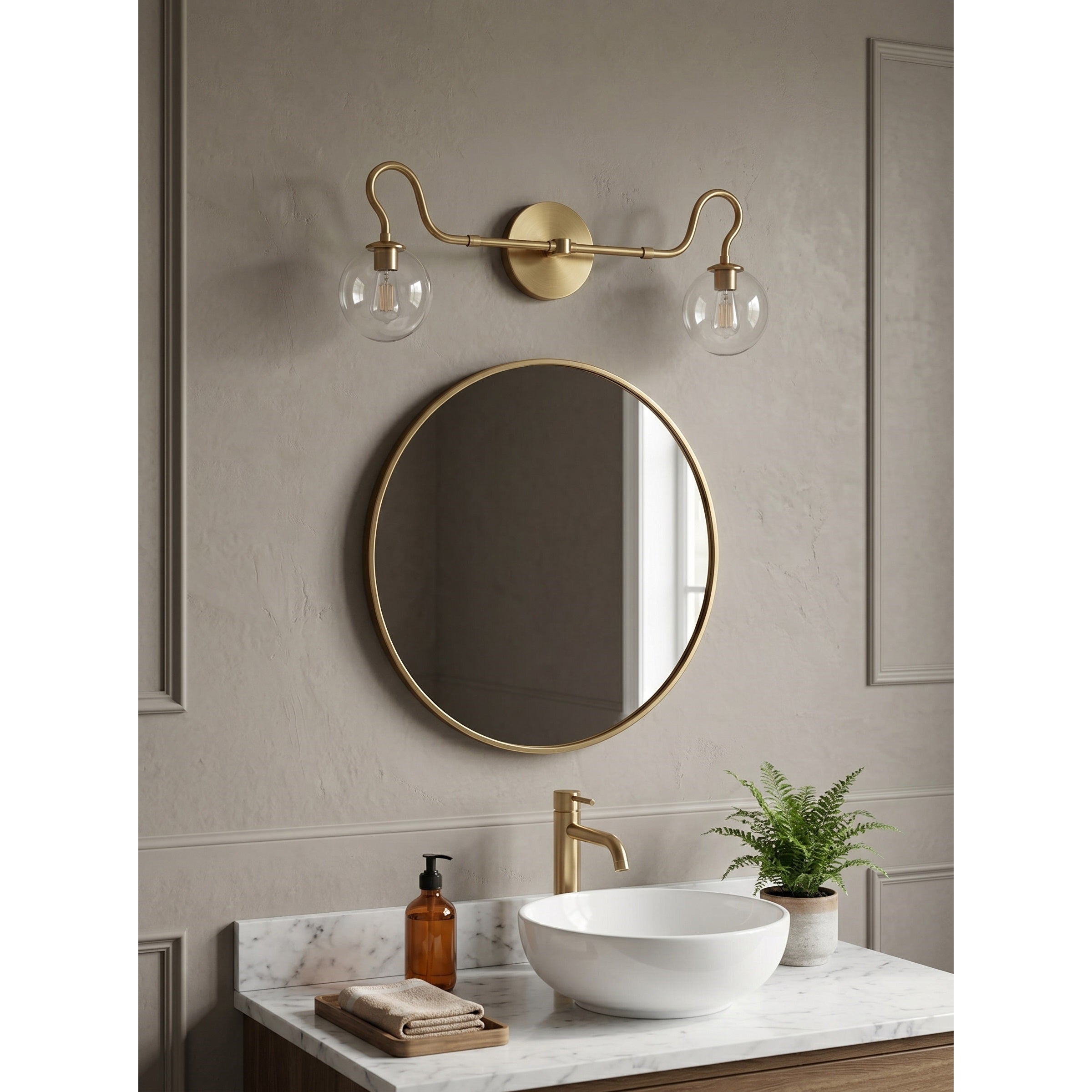 2-Light Brass Glass Globe Vanity Sconce