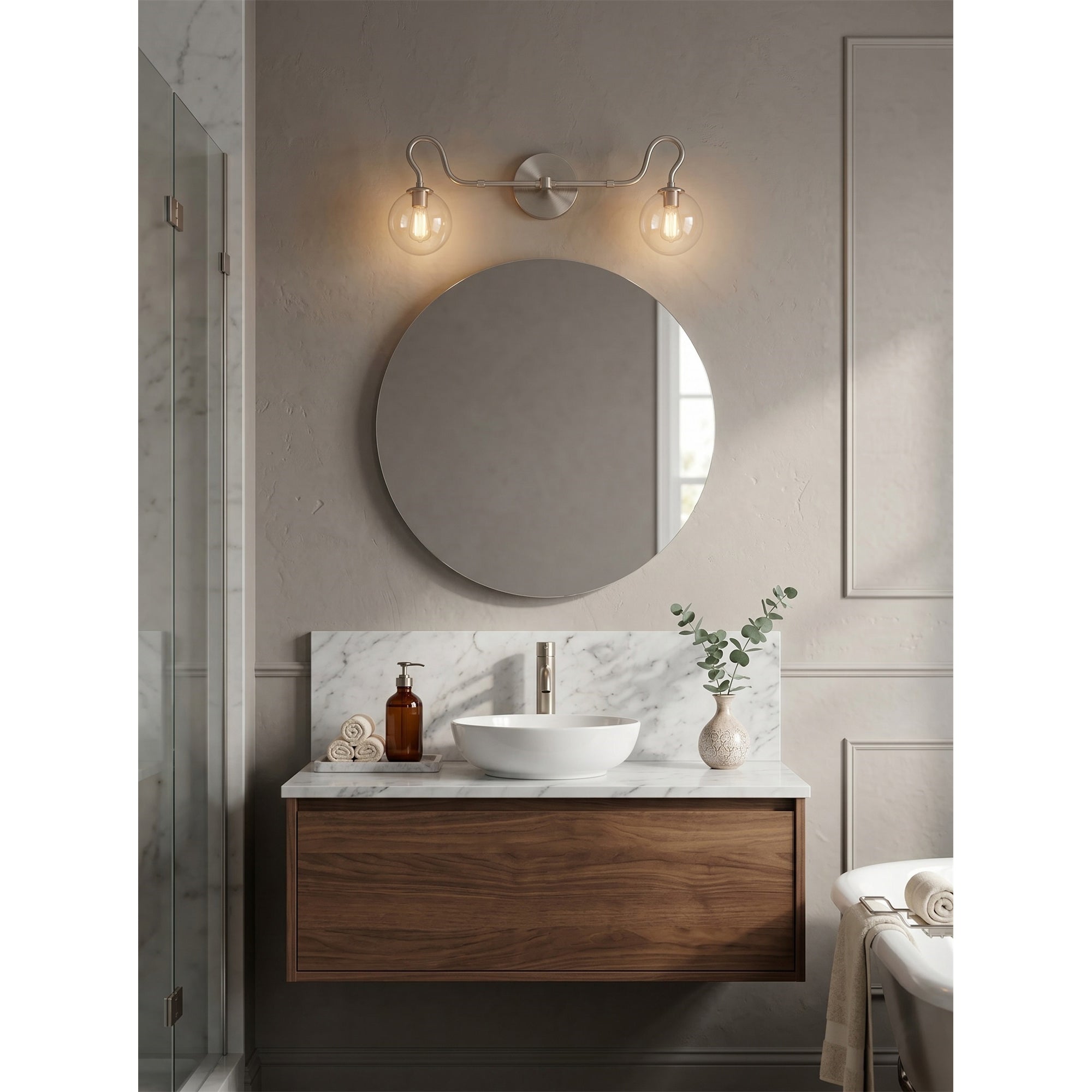 2-Light Brass Glass Globe Vanity Sconce