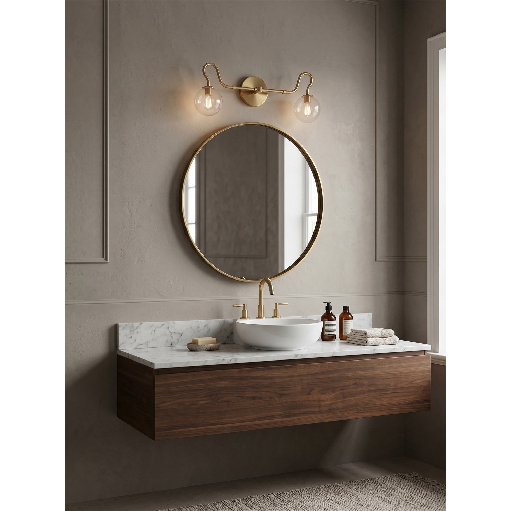 2-Light Brass Glass Globe Vanity Sconce