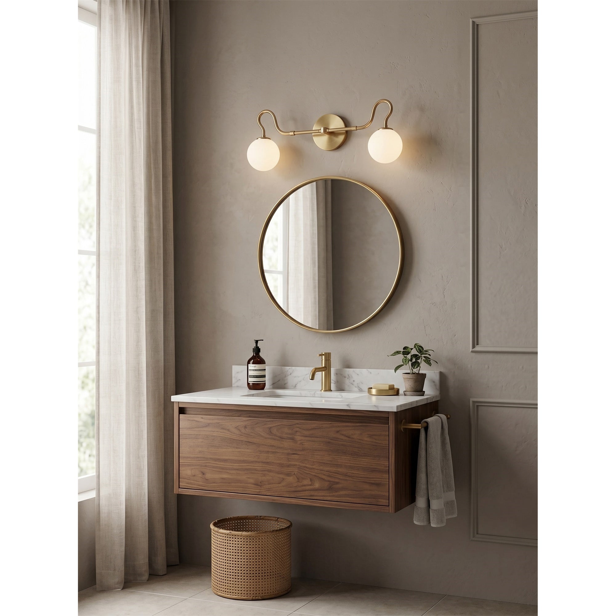 2-Light Brass Glass Globe Vanity Sconce