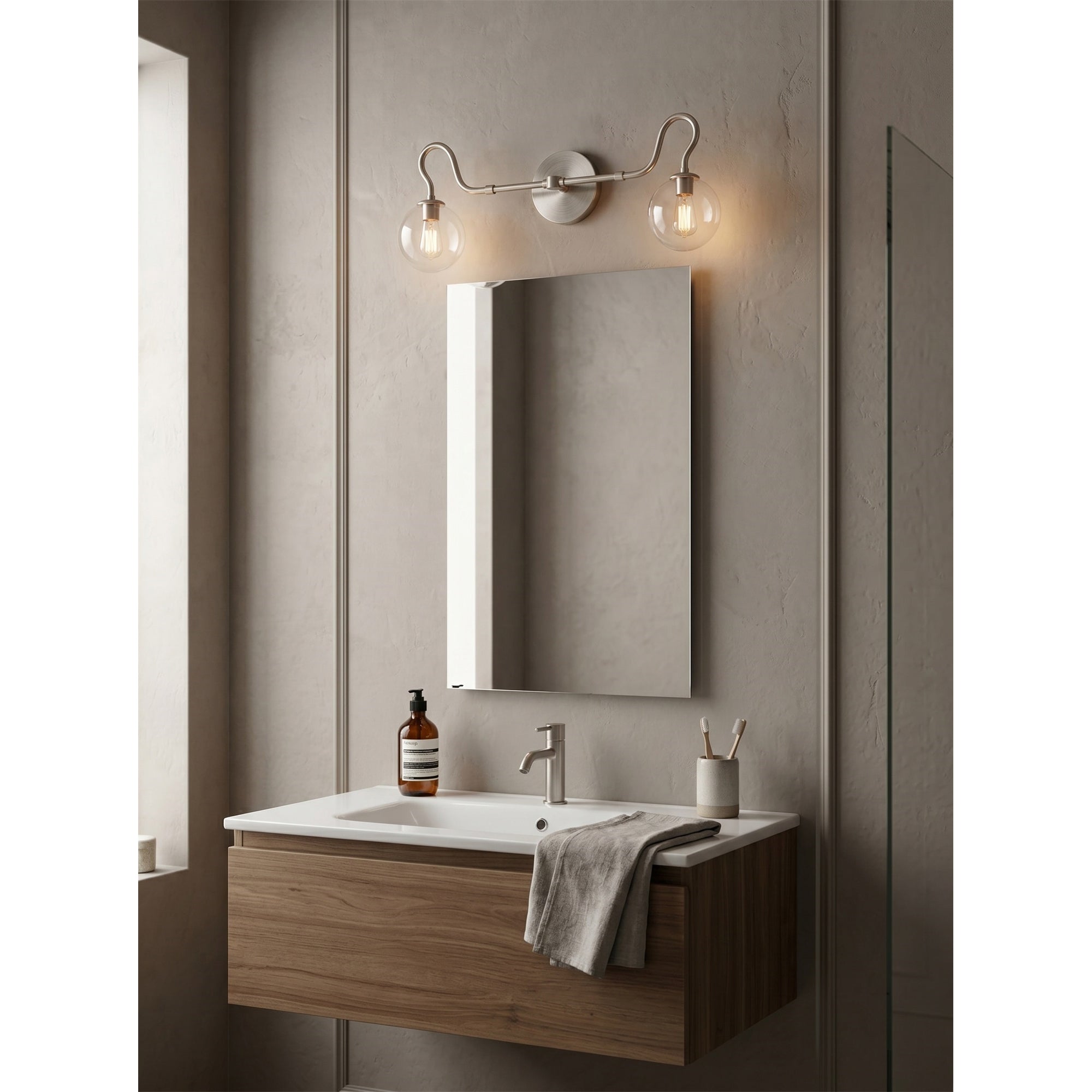 2-Light Brass Glass Globe Vanity Sconce