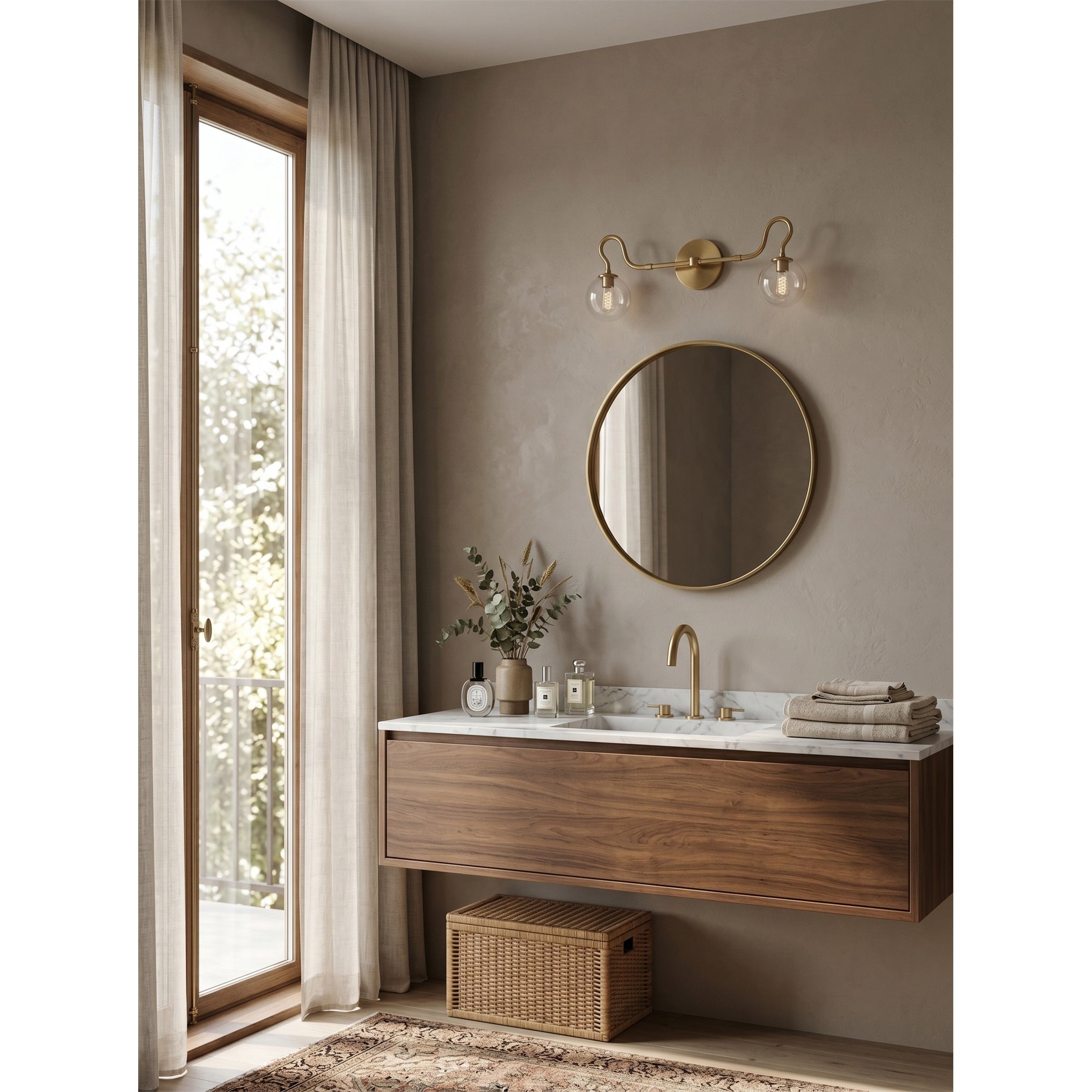 2-Light Brass Glass Globe Vanity Sconce