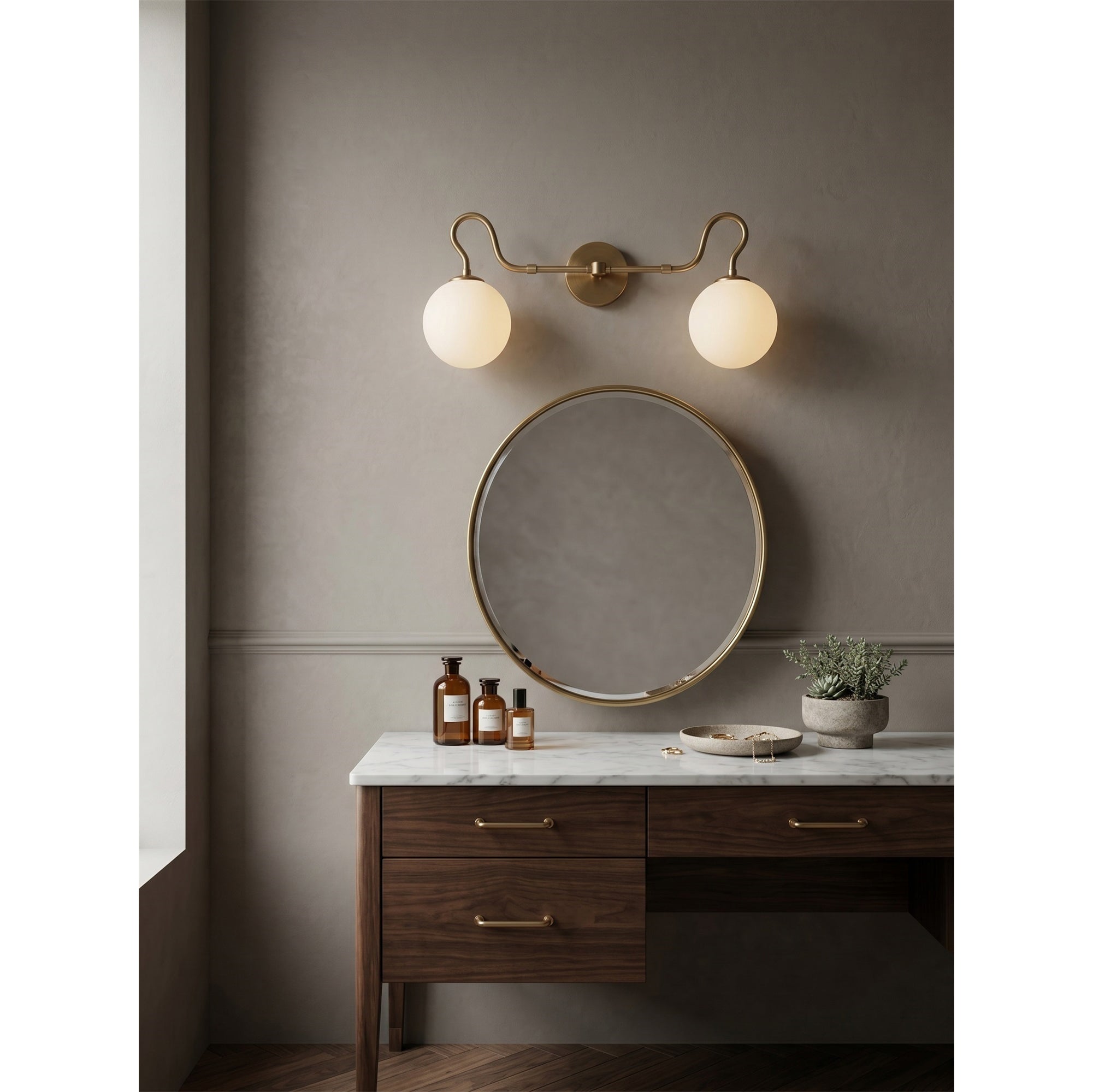 2-Light Brass Glass Globe Vanity Sconce