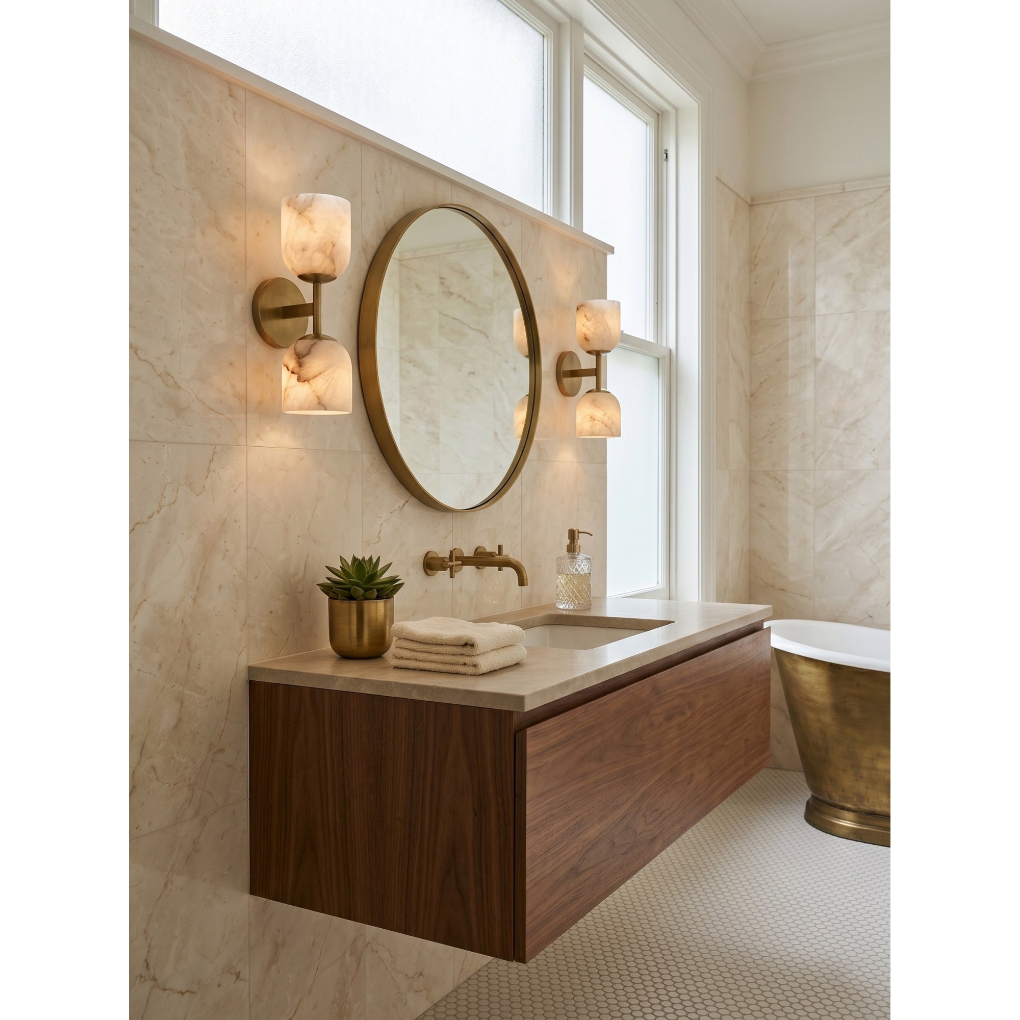 Alabaster & Antique Brass Vanity Wall Sconce