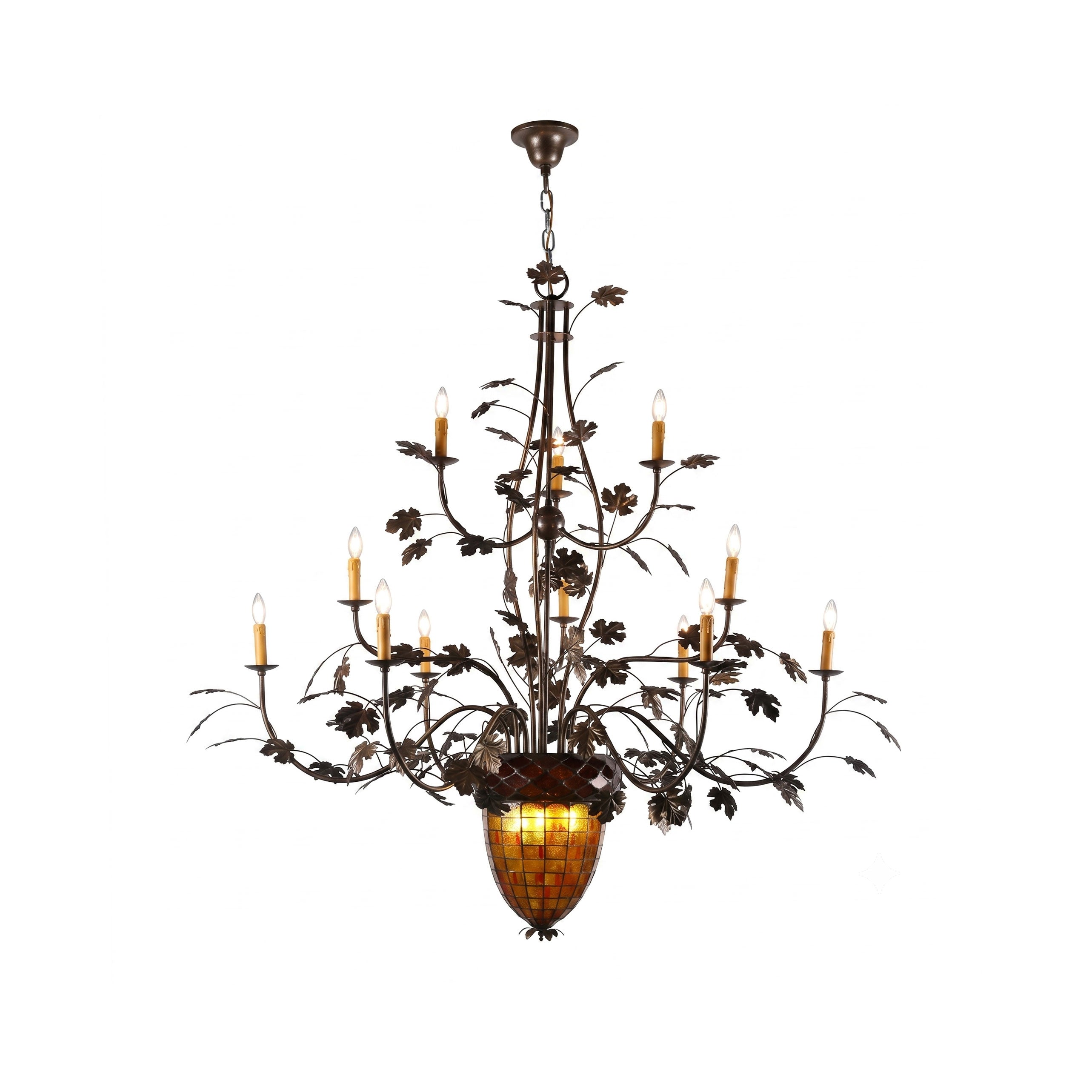 15-Light Iron Vine Amber Acorn Chandelier