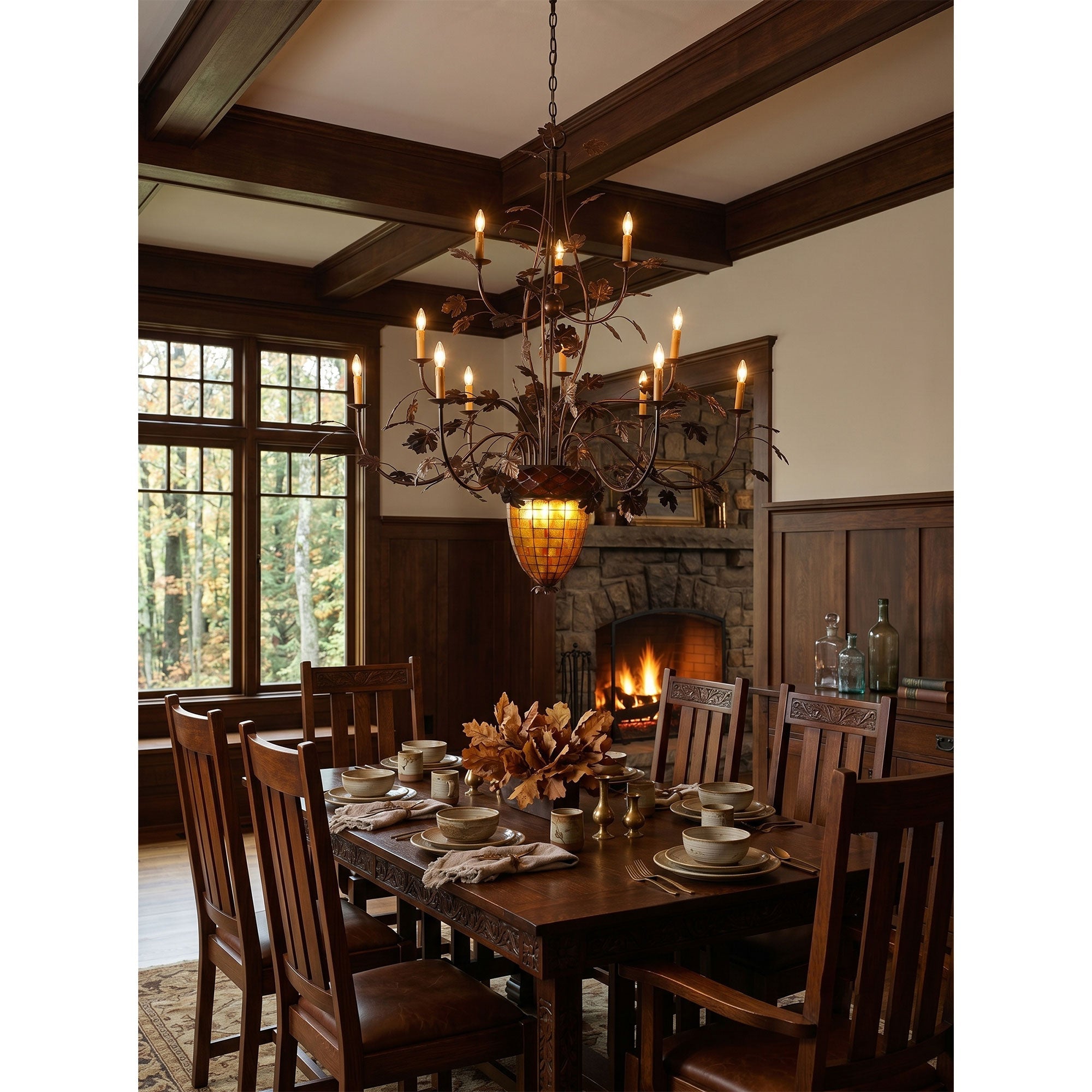 15-Light Iron Vine Amber Acorn Chandelier