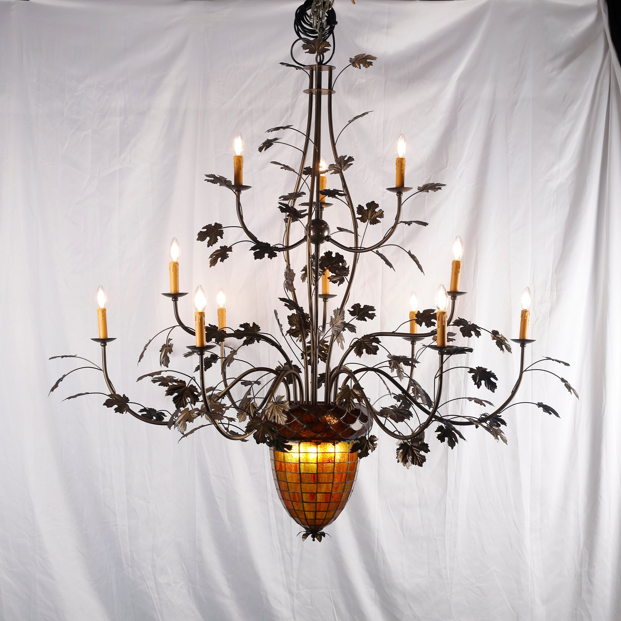15-Light Iron Vine Amber Acorn Chandelier