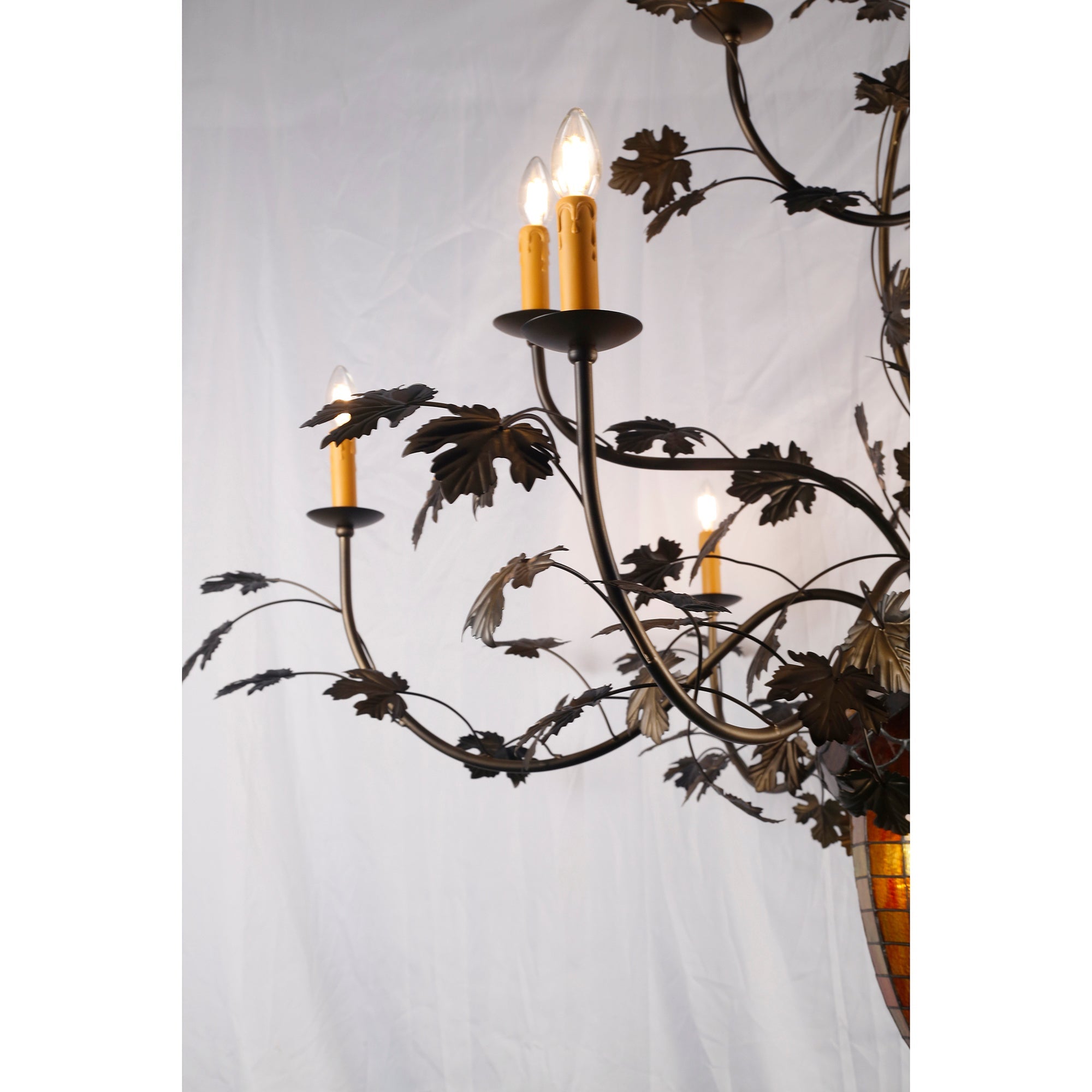 15-Light Iron Vine Amber Acorn Chandelier