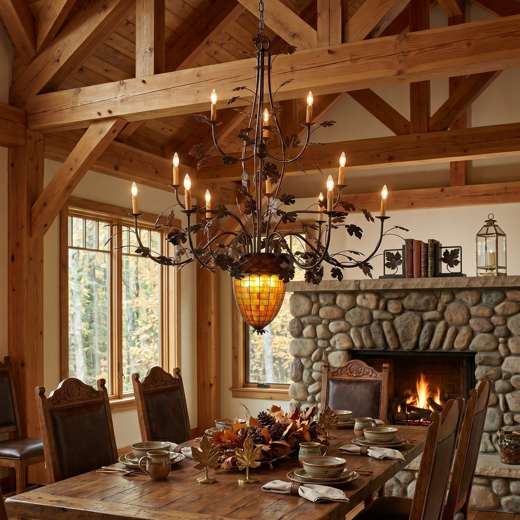 15-Light Iron Vine Amber Acorn Chandelier