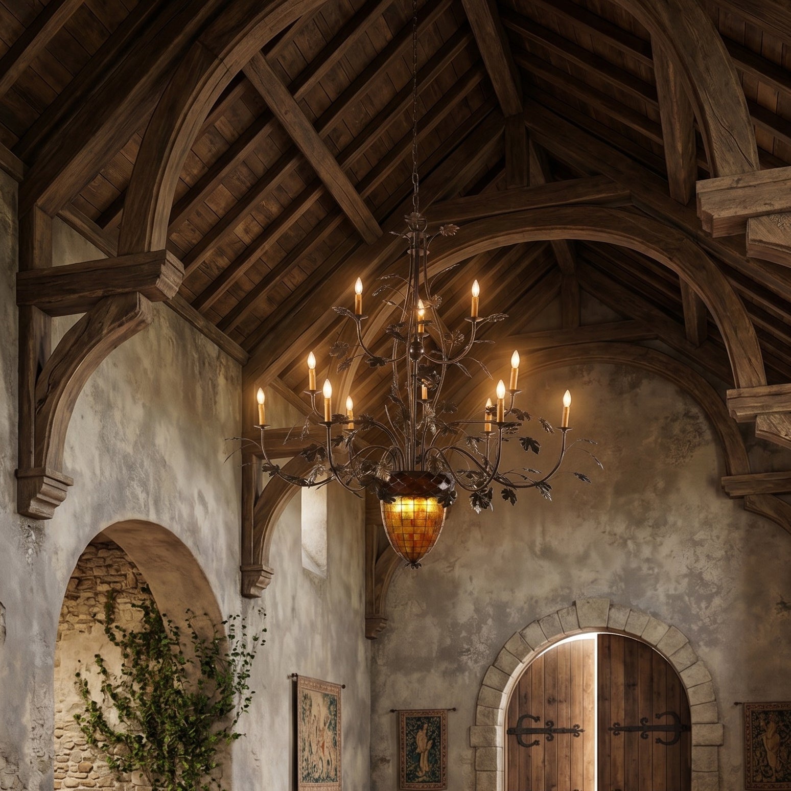 15-Light Iron Vine Amber Acorn Chandelier