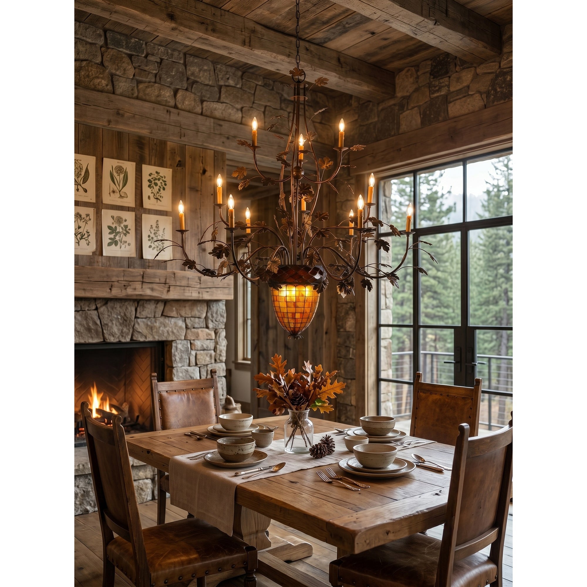 15-Light Iron Vine Amber Acorn Chandelier