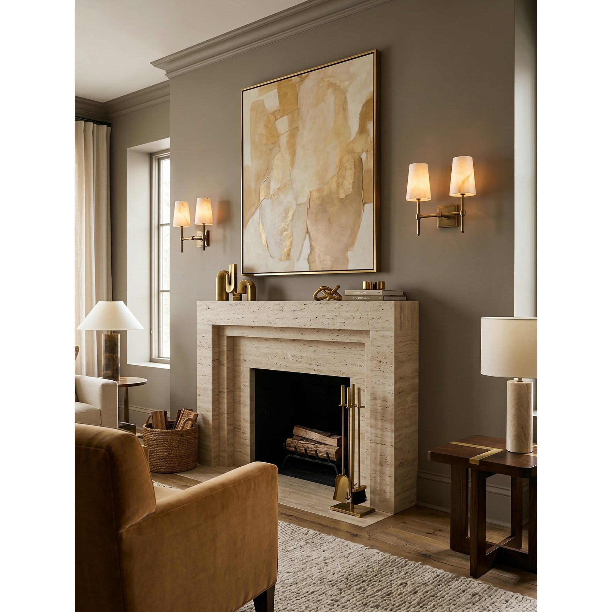 Tall Brass & Alabaster Column Wall Sconce