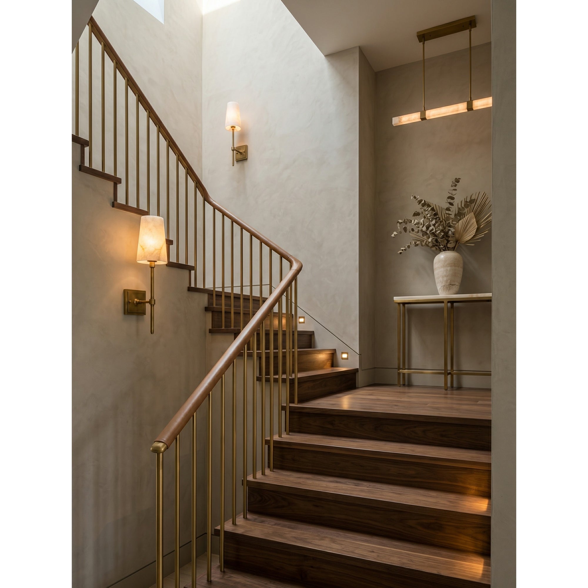 Tall Brass & Alabaster Column Wall Sconce