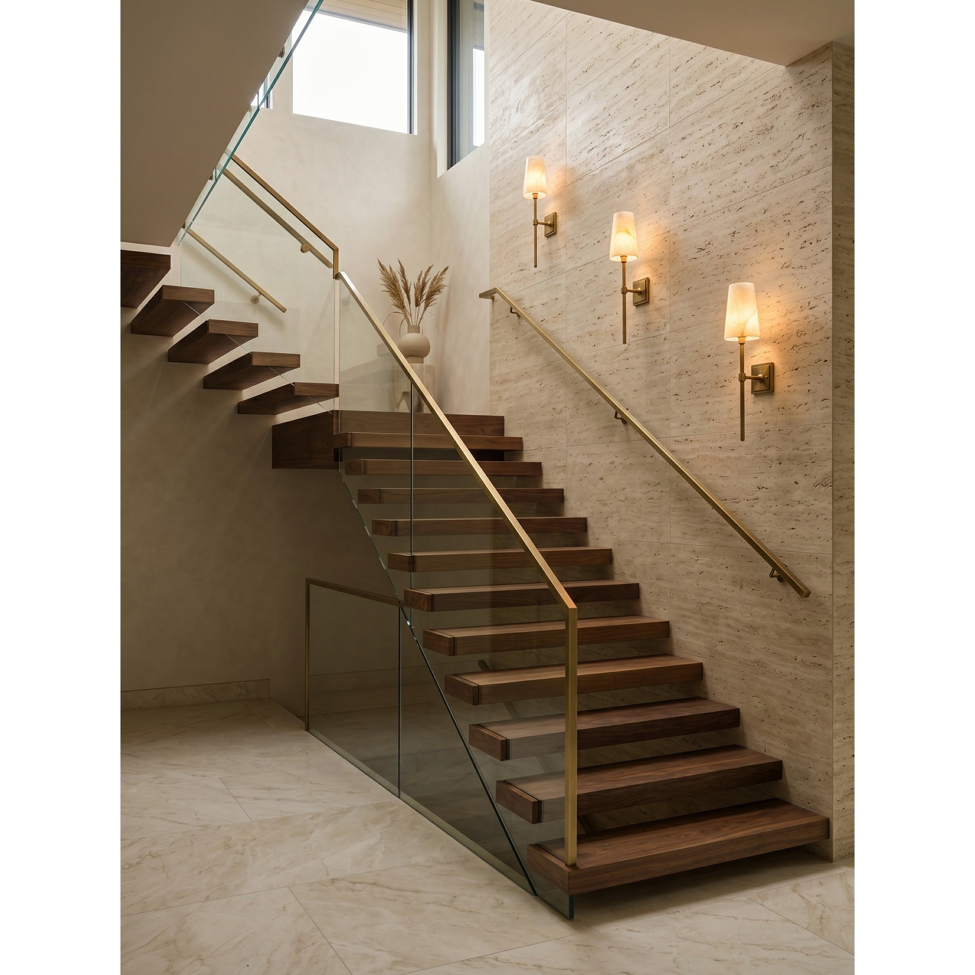 Tall Brass & Alabaster Column Wall Sconce