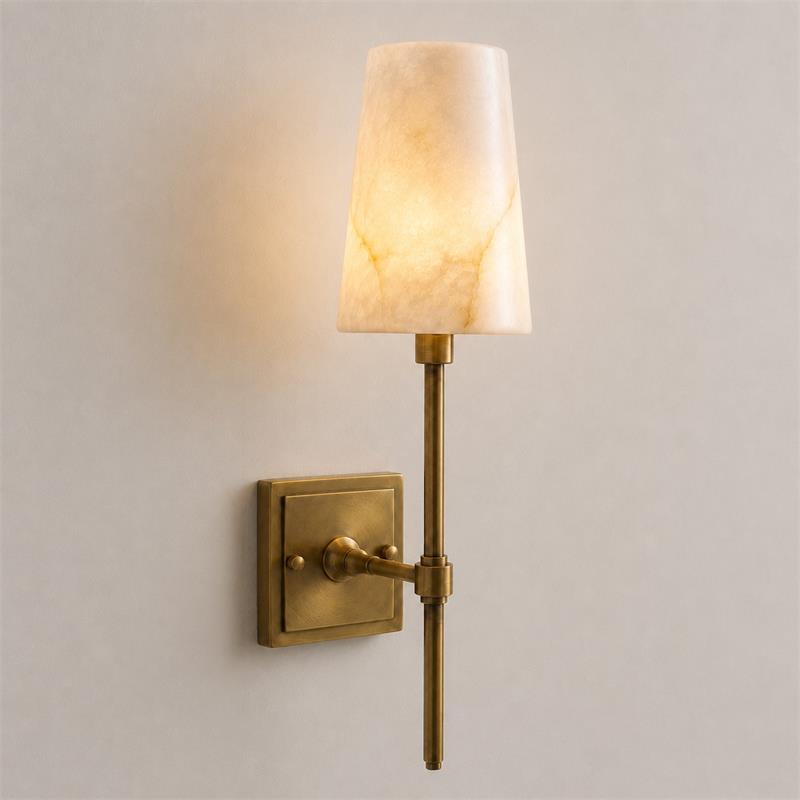 Tall Brass & Alabaster Column Wall Sconce