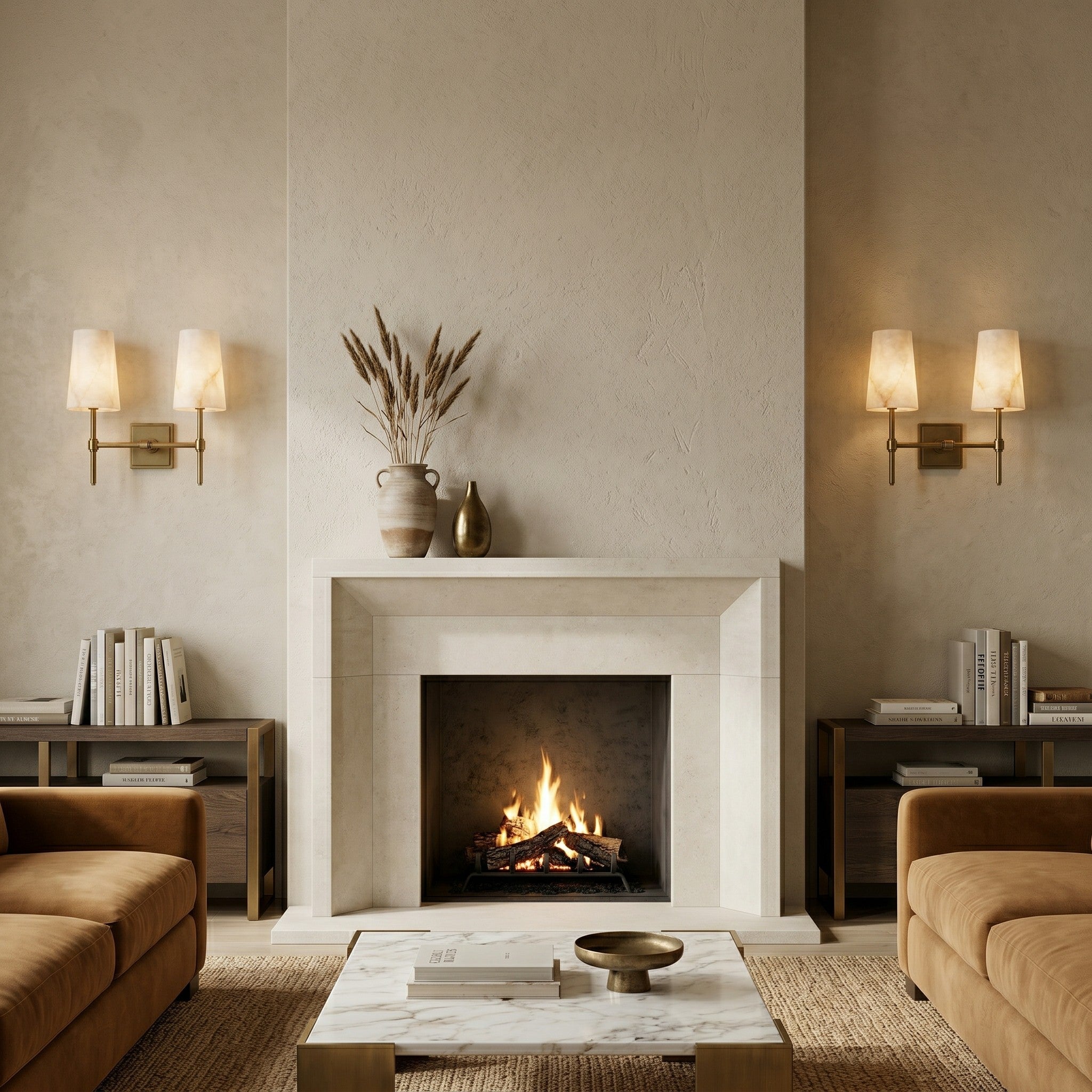 Tall Brass & Alabaster Column Wall Sconce