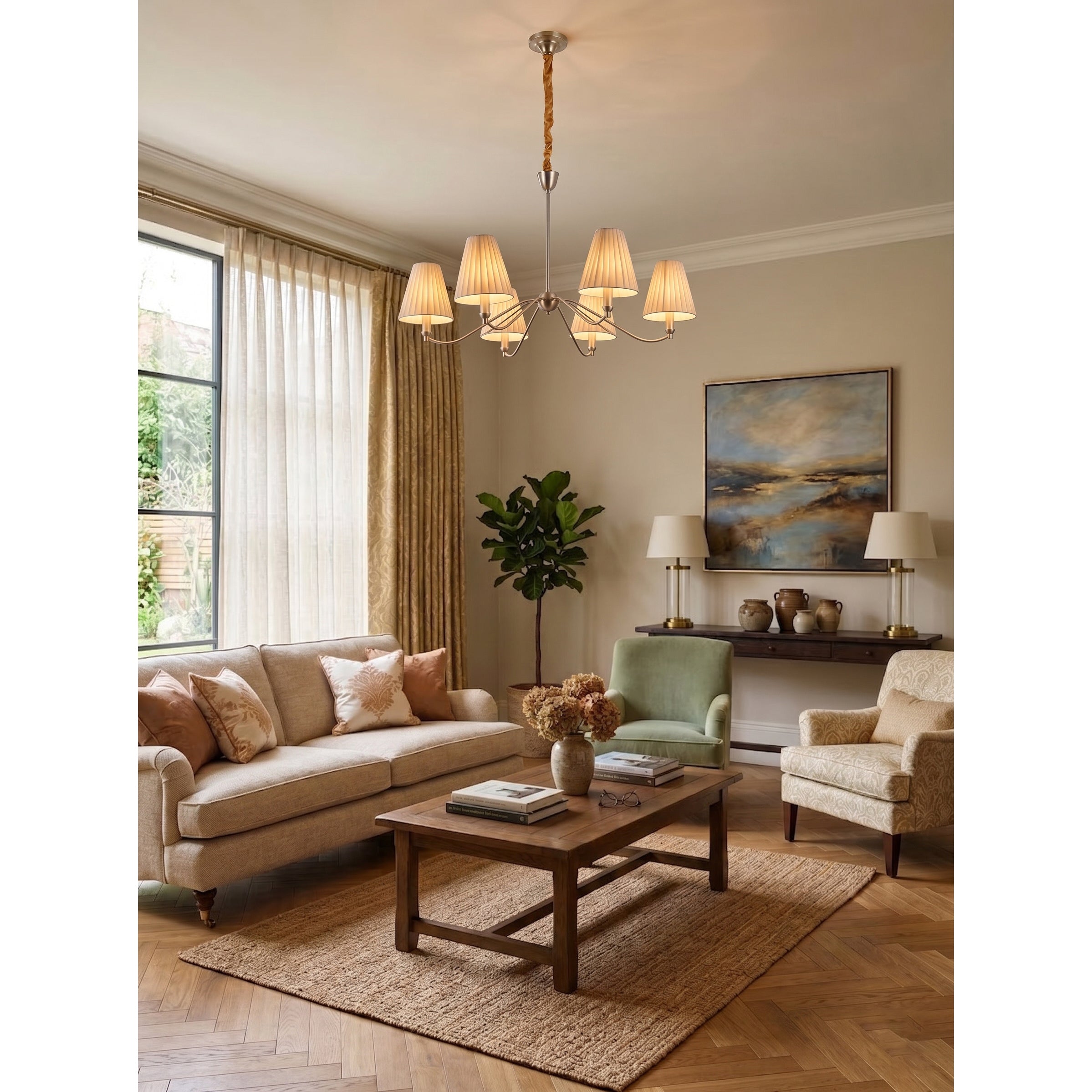 Curved Arm Brass Pleated Chandelier