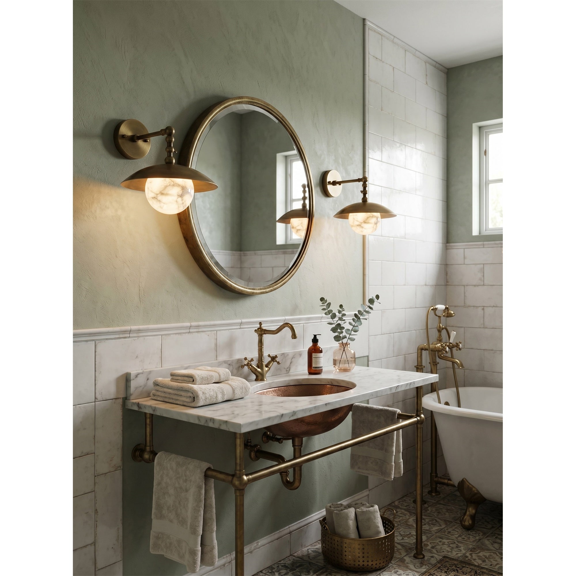 Alabaster Orb & Brass Dome Wall Sconce
