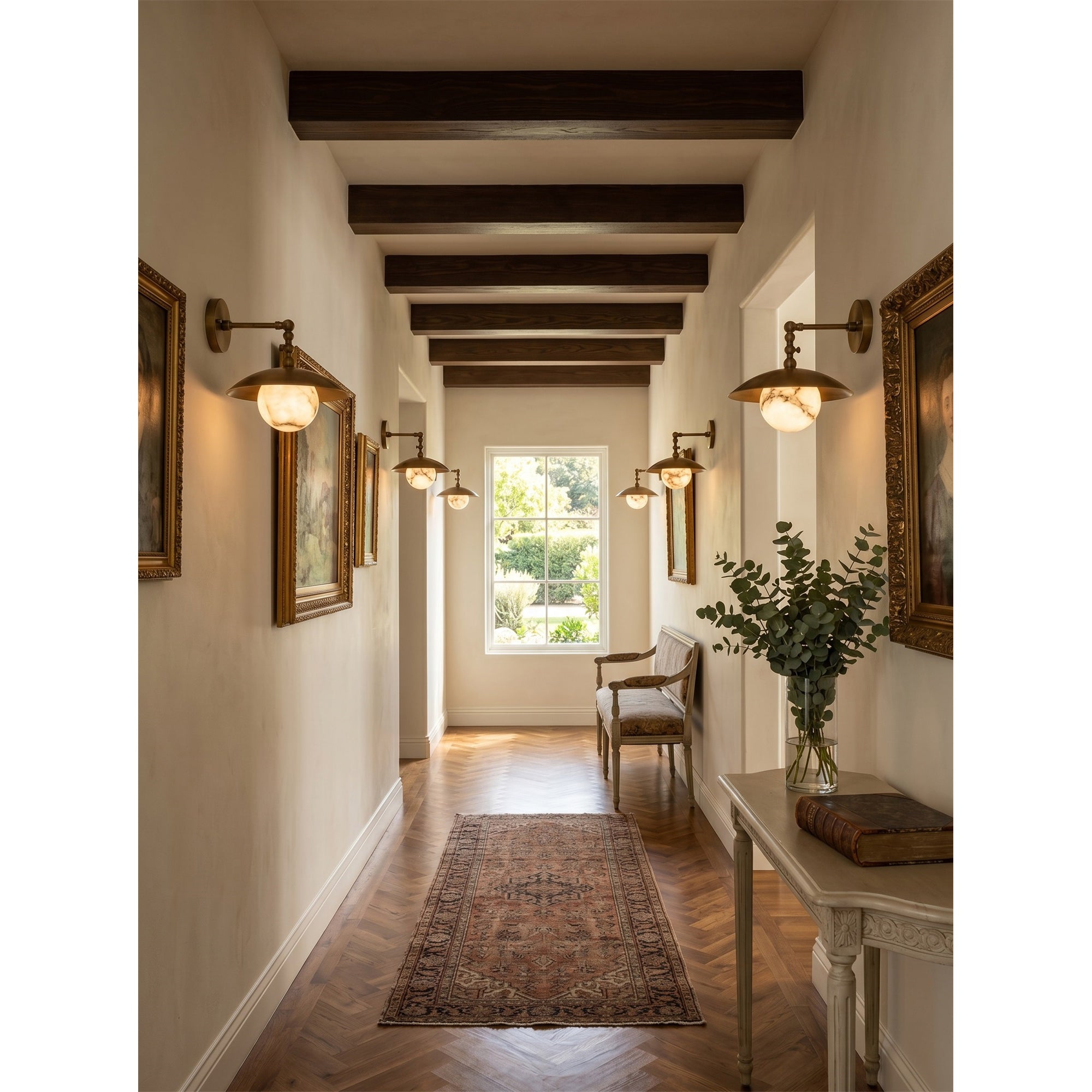 Alabaster Orb & Brass Dome Wall Sconce