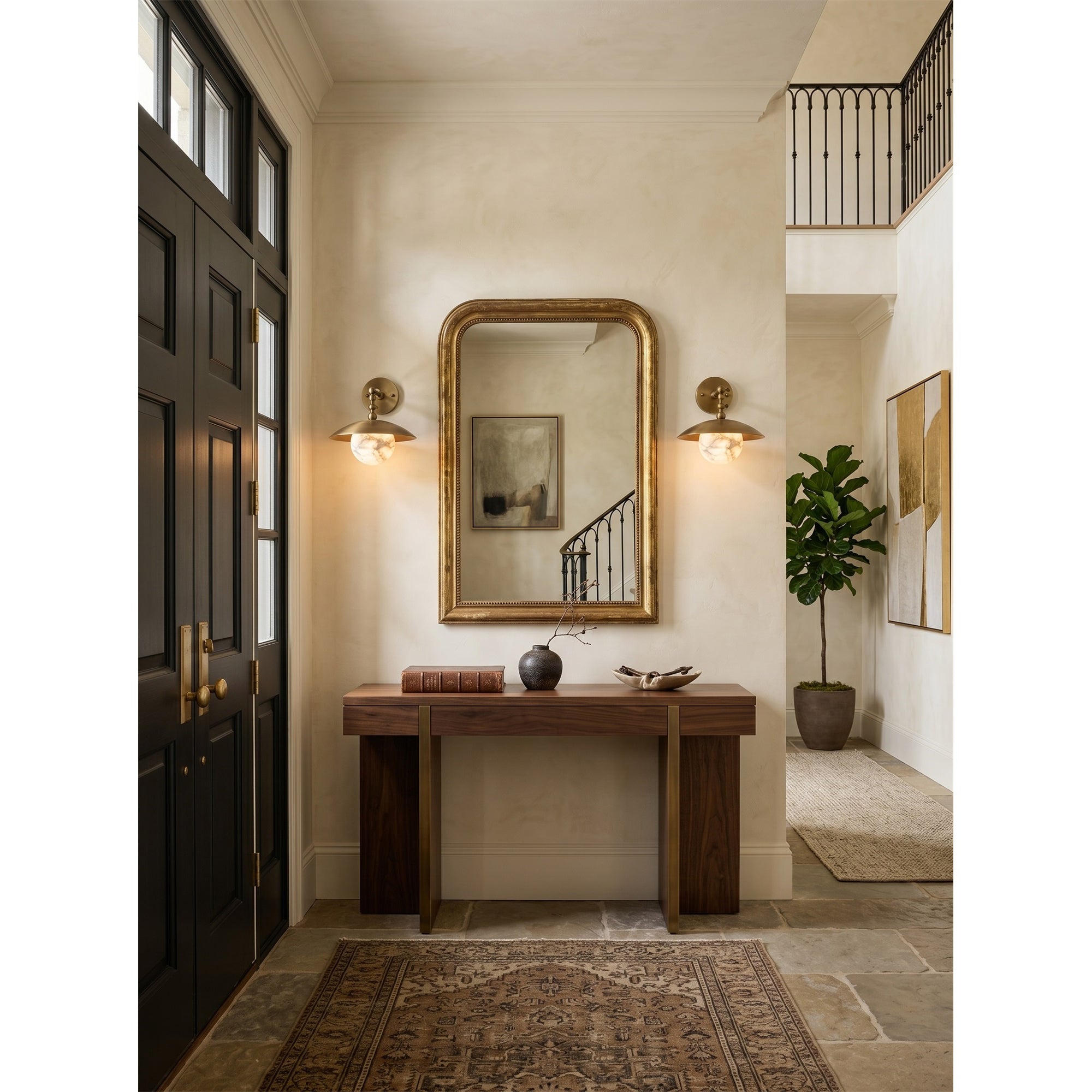Alabaster Orb & Brass Dome Wall Sconce
