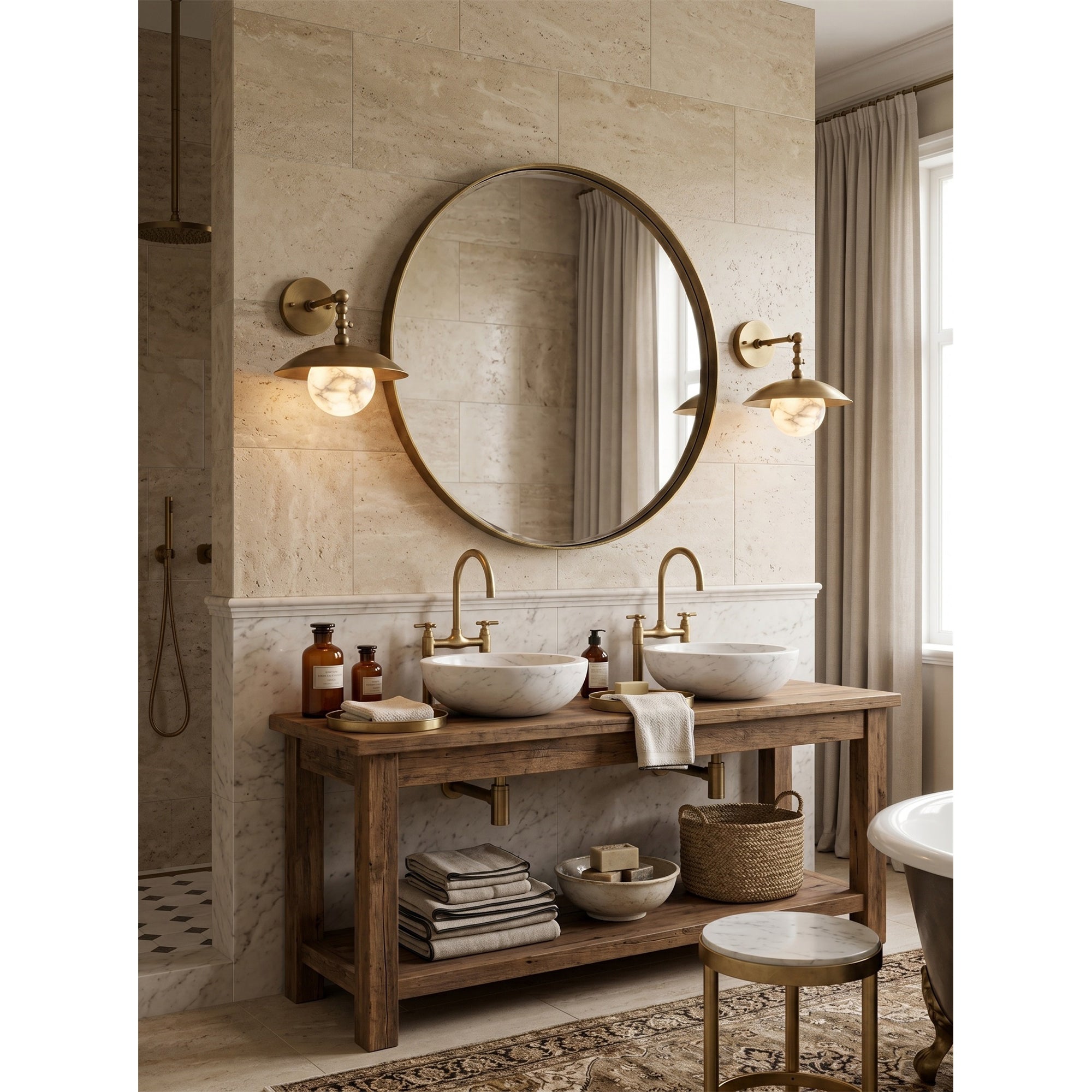 Alabaster Orb & Brass Dome Wall Sconce