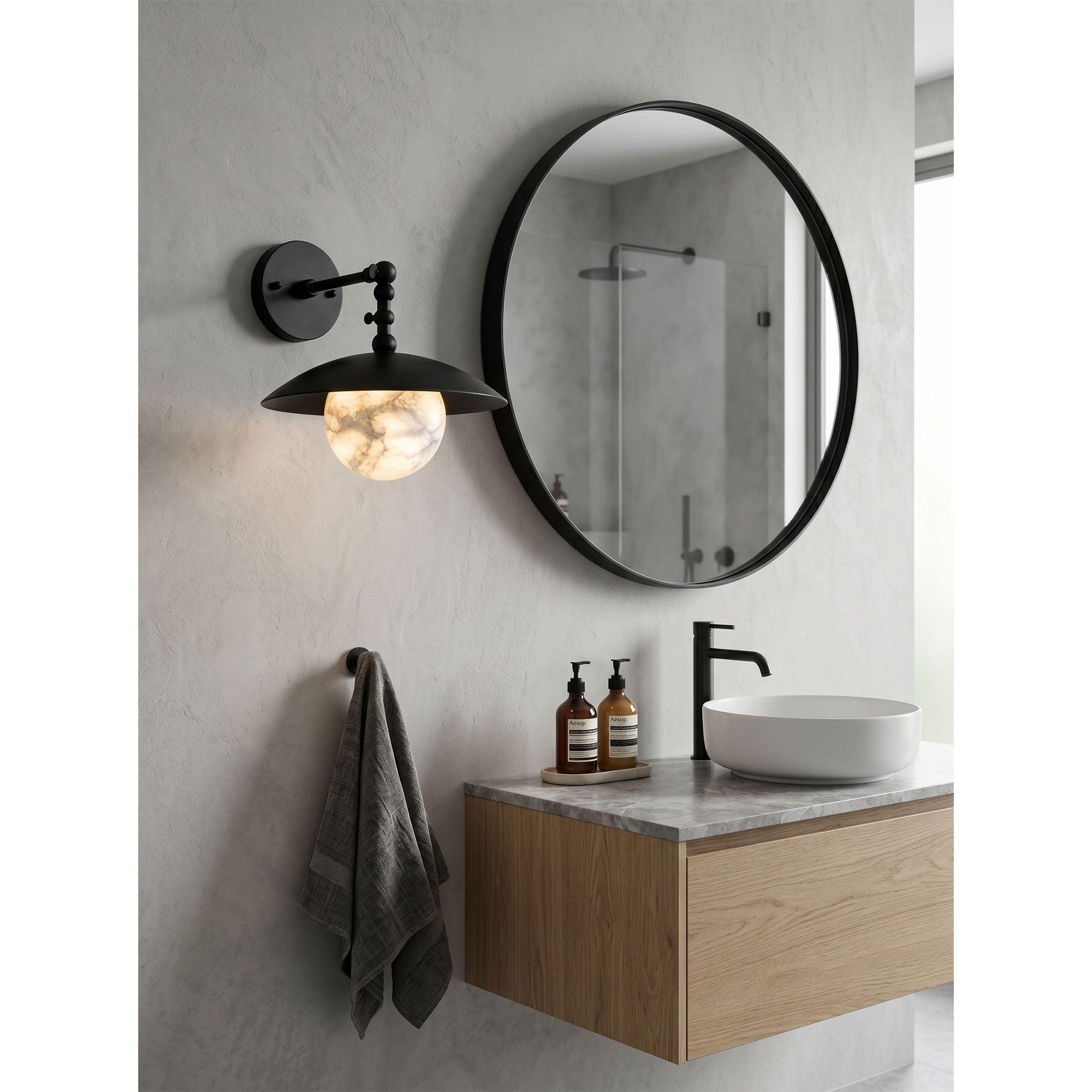 Alabaster Orb & Brass Dome Wall Sconce