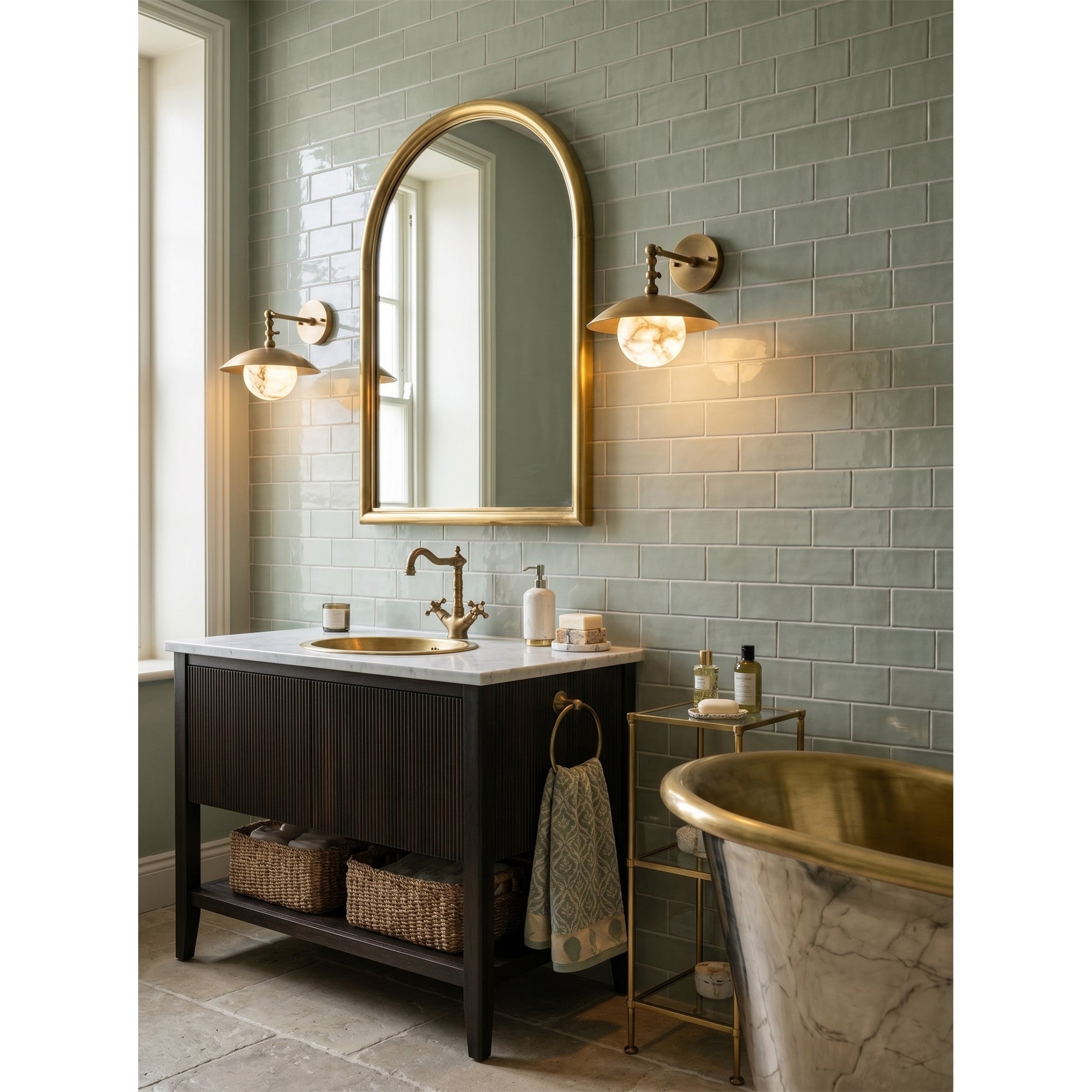 Alabaster Orb & Brass Dome Wall Sconce