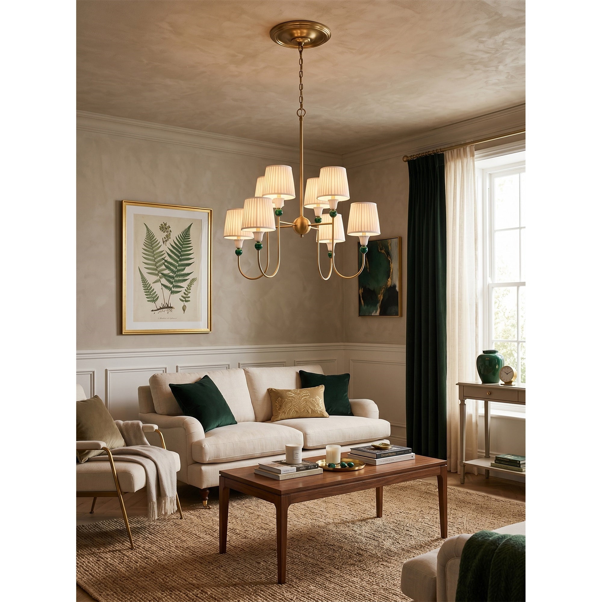 8-Light Malachite Brass Pleated Chandelier
